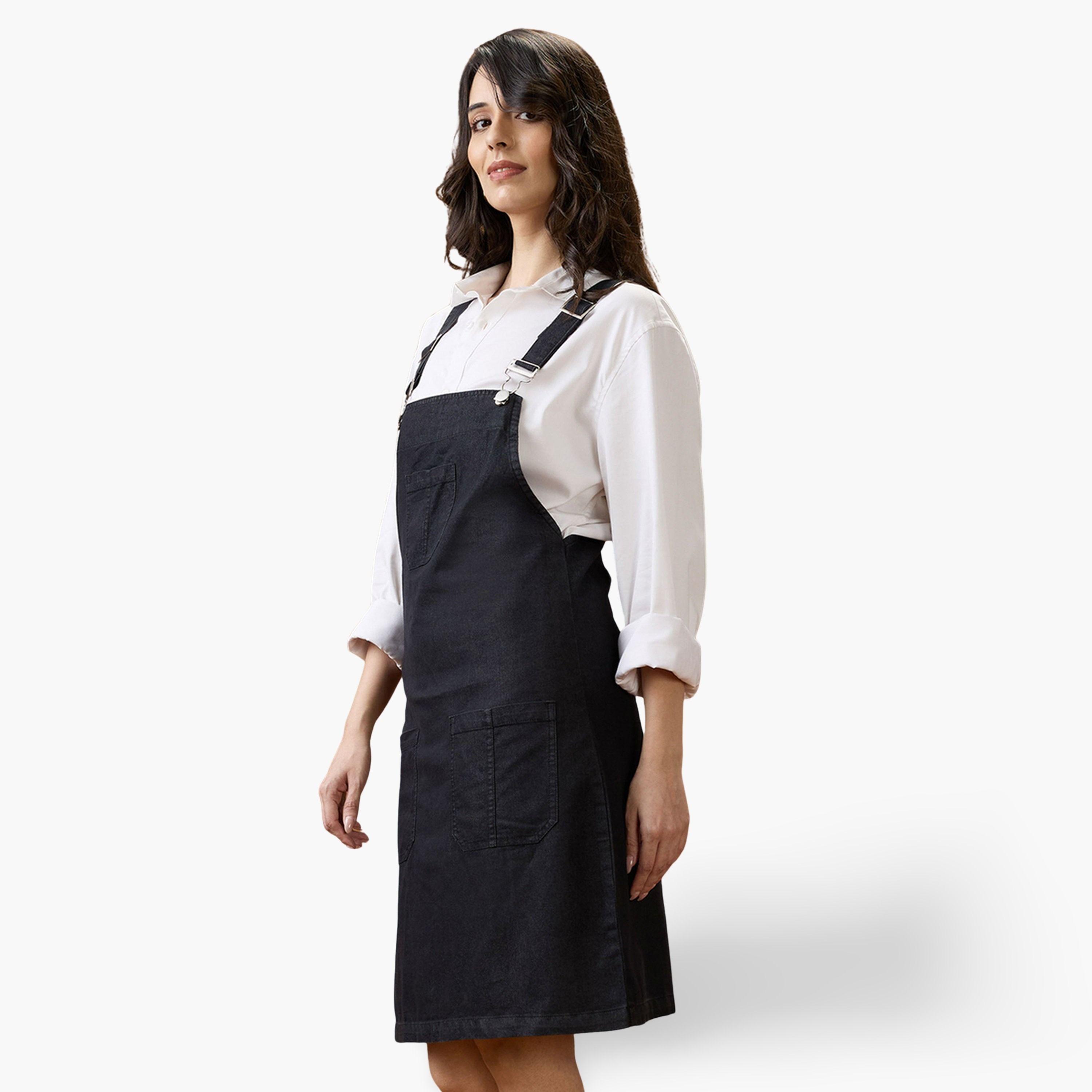 Globus X Styli Black Solid Square Neck Strappy Women's Mini Dungaree Dress-women-clothing-dresses-image-1