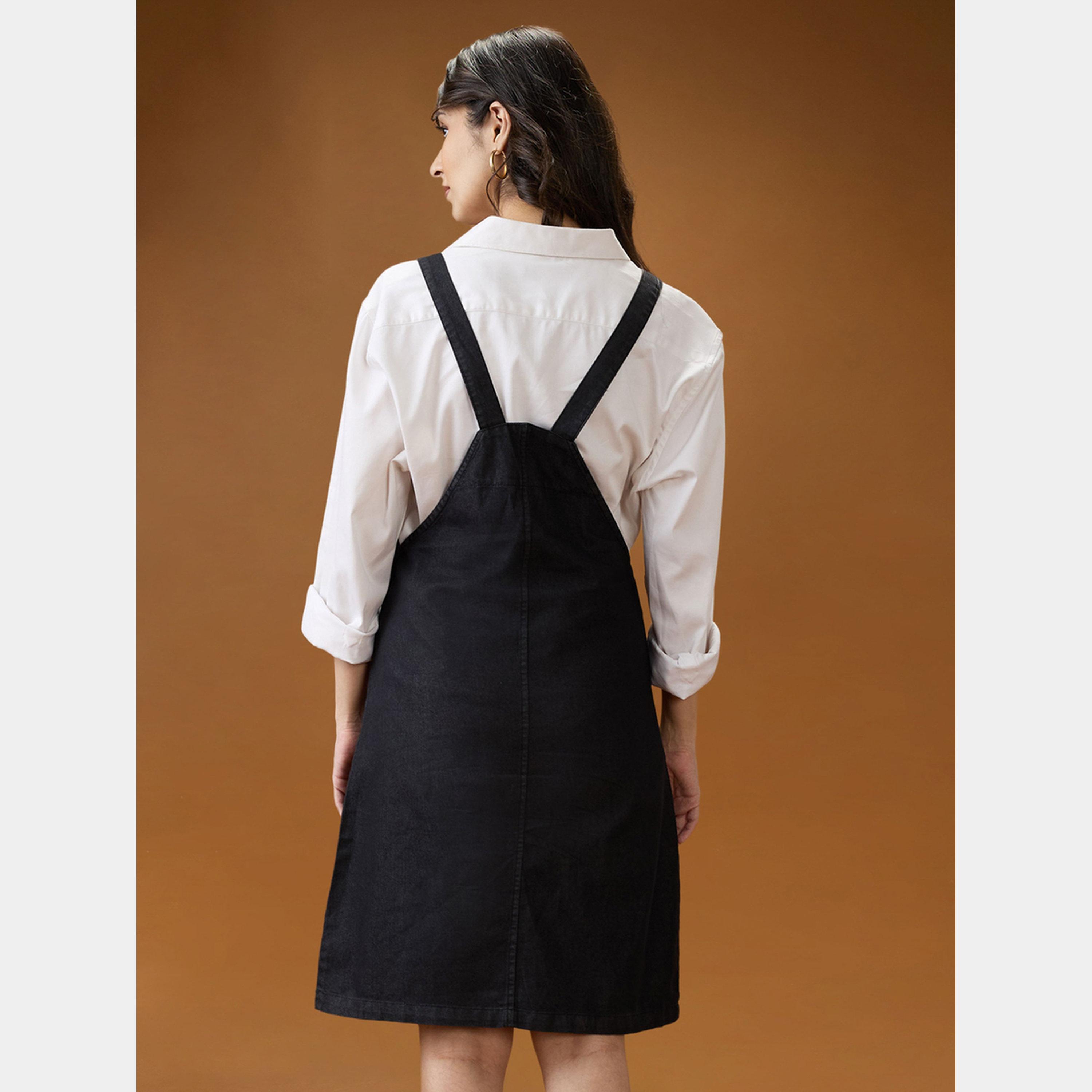 Globus X Styli Black Solid Square Neck Strappy Women's Mini Dungaree Dress-women-clothing-dresses-image-3
