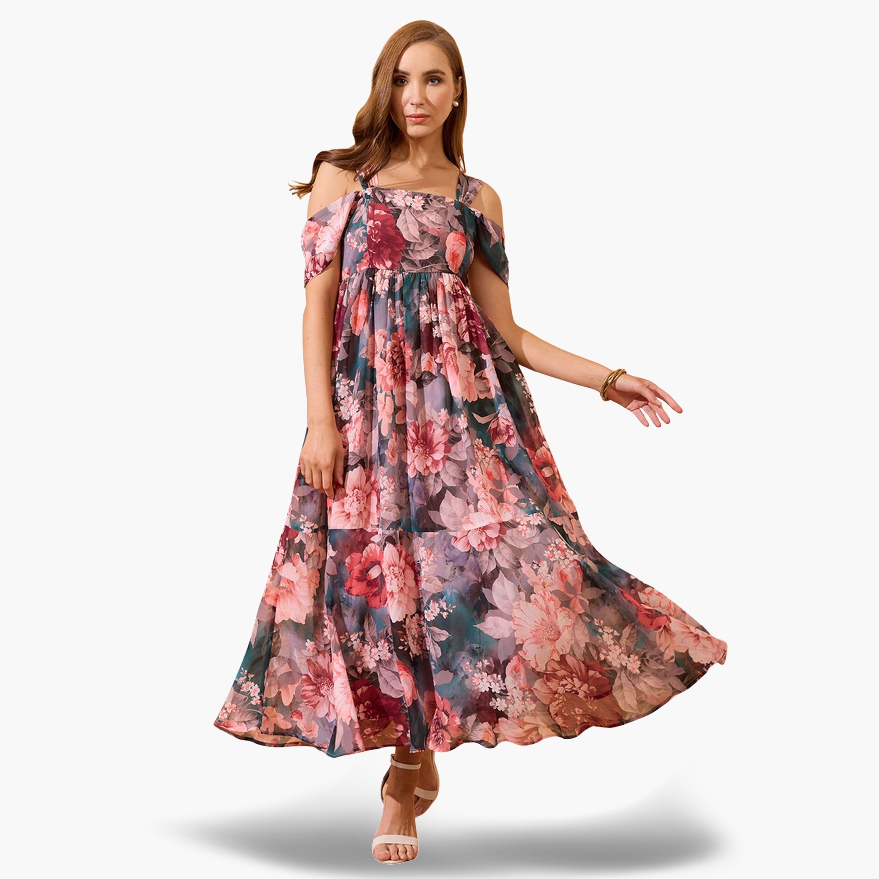 Globus X Styli Floral Printed Cold Shoulder Sleeves Maxi Dress-women-clothing-dresses-image-1
