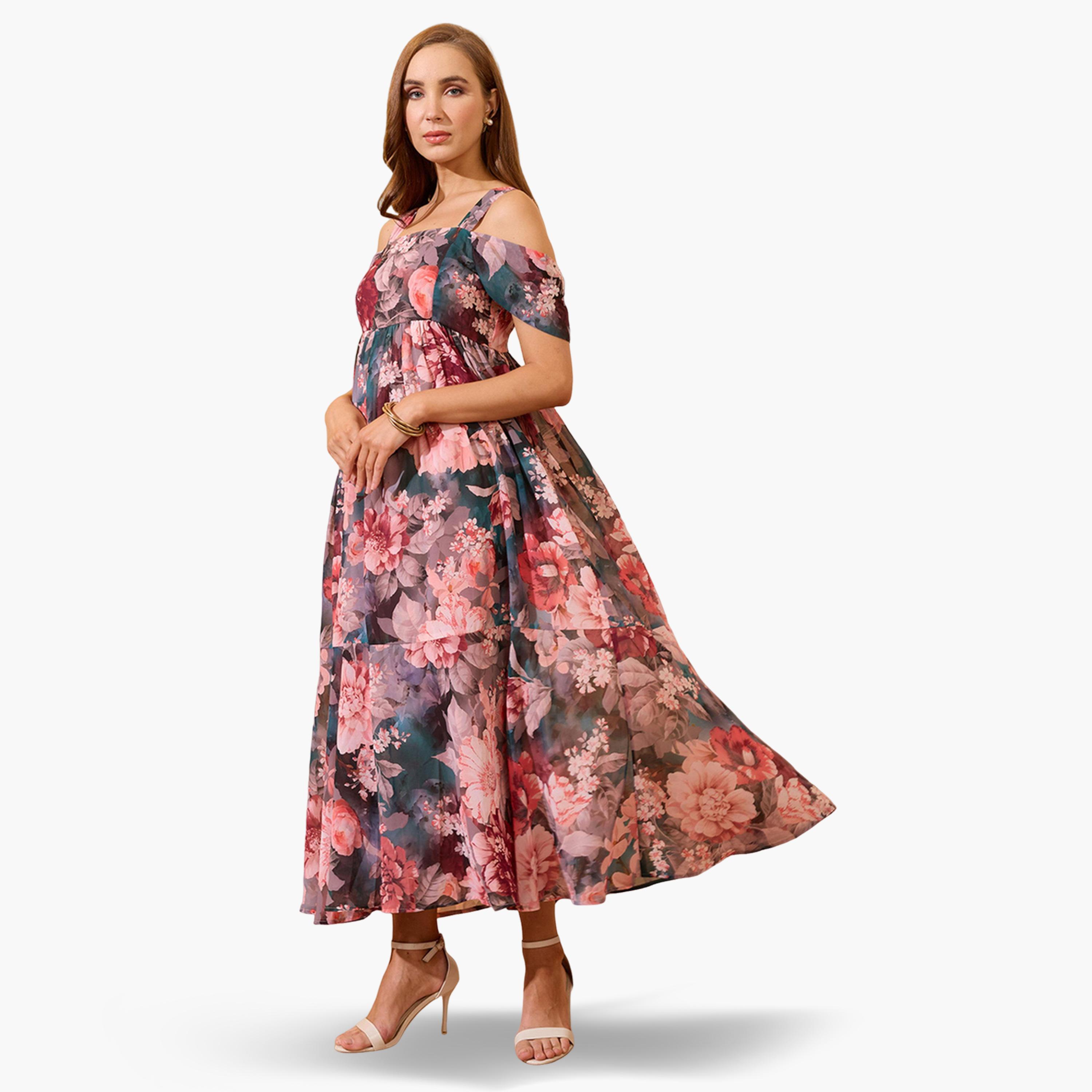 Globus X Styli Floral Printed Cold Shoulder Sleeves Maxi Dress-women-clothing-dresses-image-2
