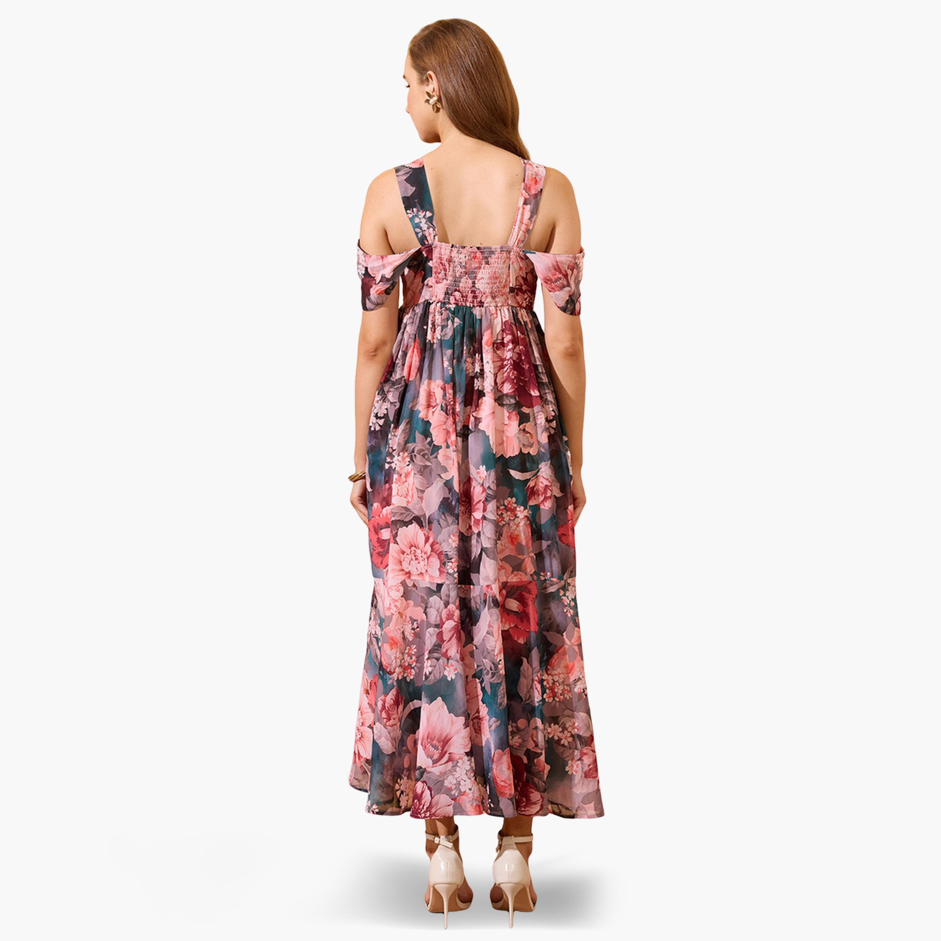 Globus X Styli Floral Printed Cold Shoulder Sleeves Maxi Dress-women-clothing-dresses-image-3