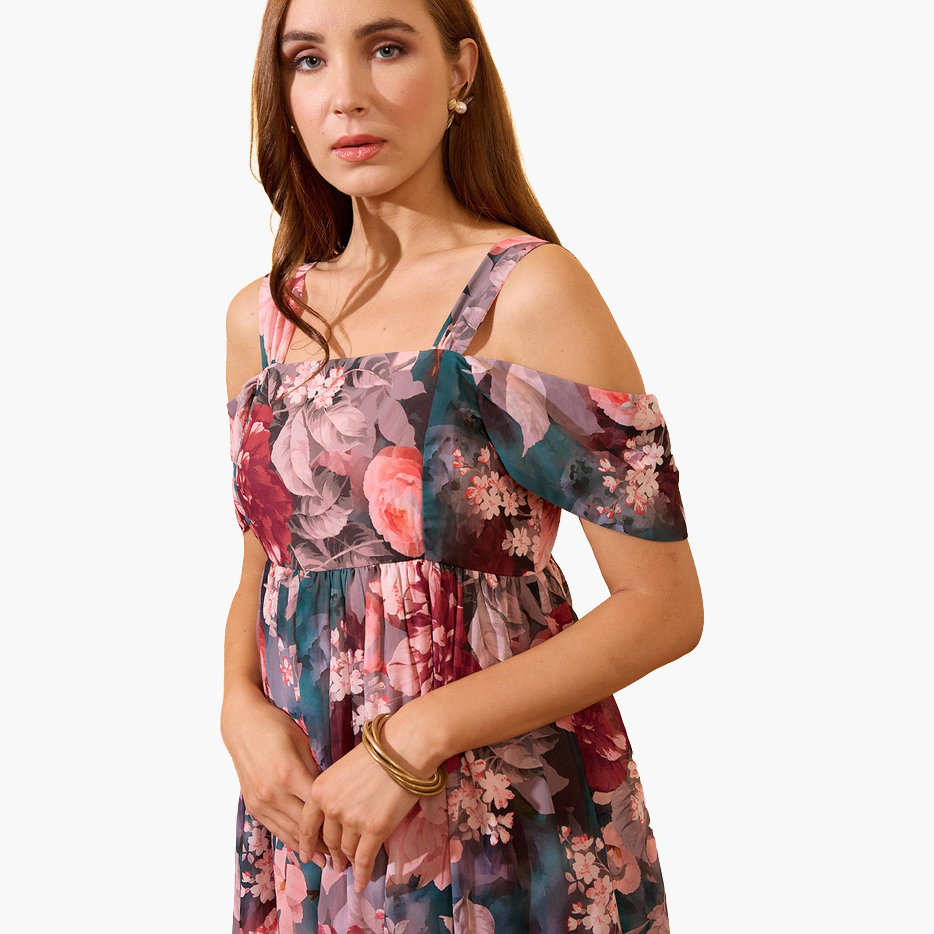 Globus X Styli Floral Printed Cold Shoulder Sleeves Maxi Dress-women-clothing-dresses-image-5