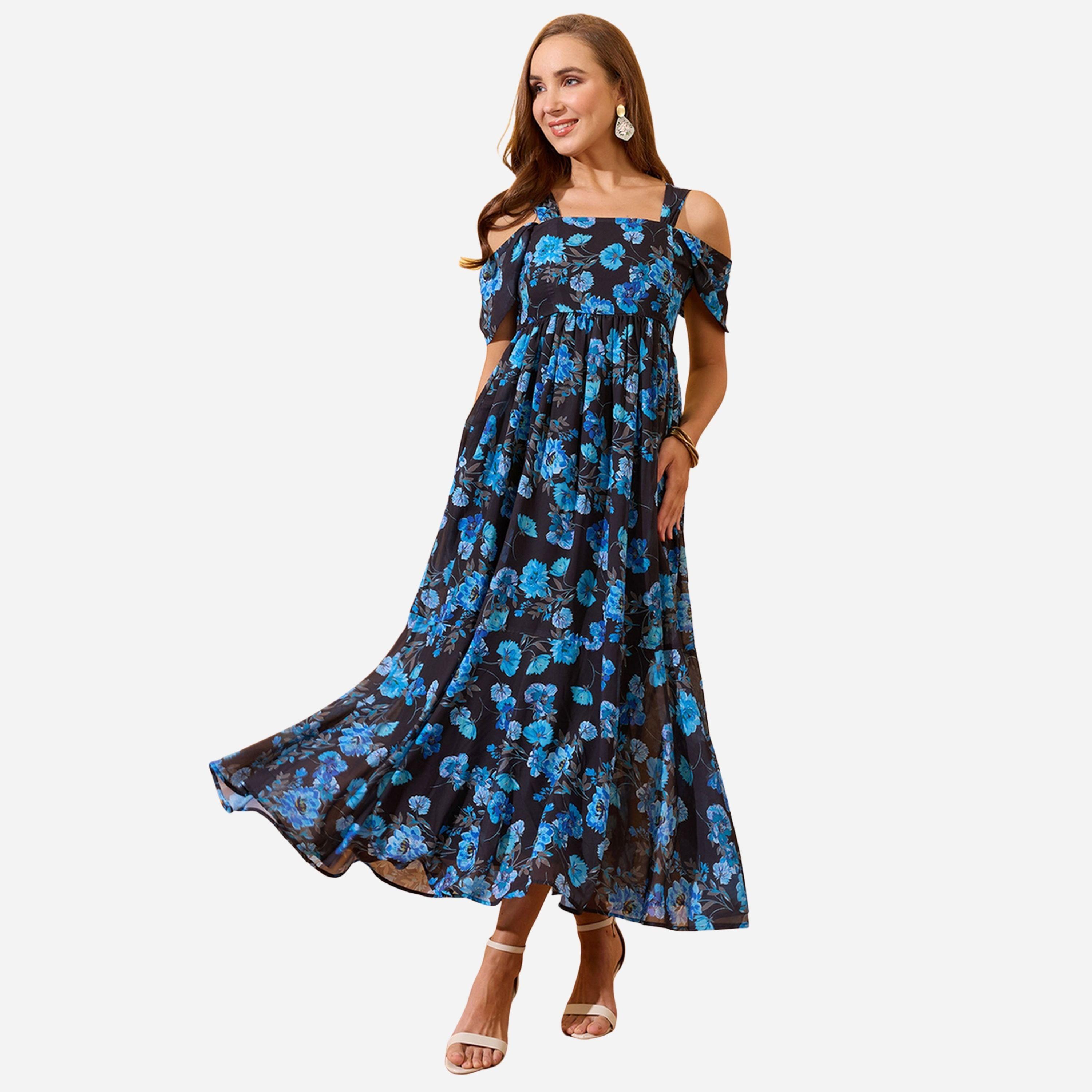 غلوبوص × ستايلي - فستان متوسط الطول لون أزرق طبعة زهور أكمام مكشوفة الكتفين-women-clothing-dresses-image-1