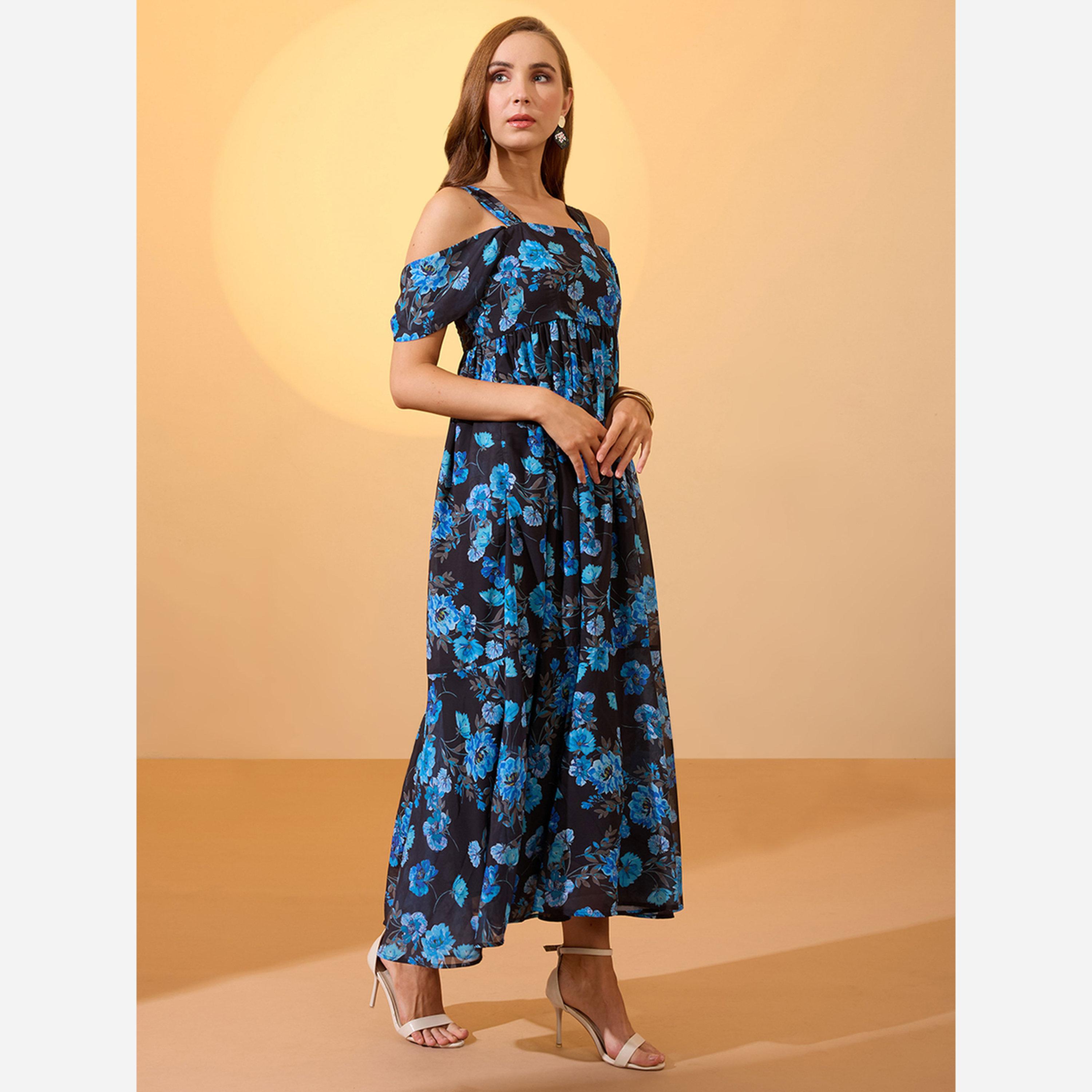 غلوبوص × ستايلي - فستان متوسط الطول لون أزرق طبعة زهور أكمام مكشوفة الكتفين-women-clothing-dresses-image-2