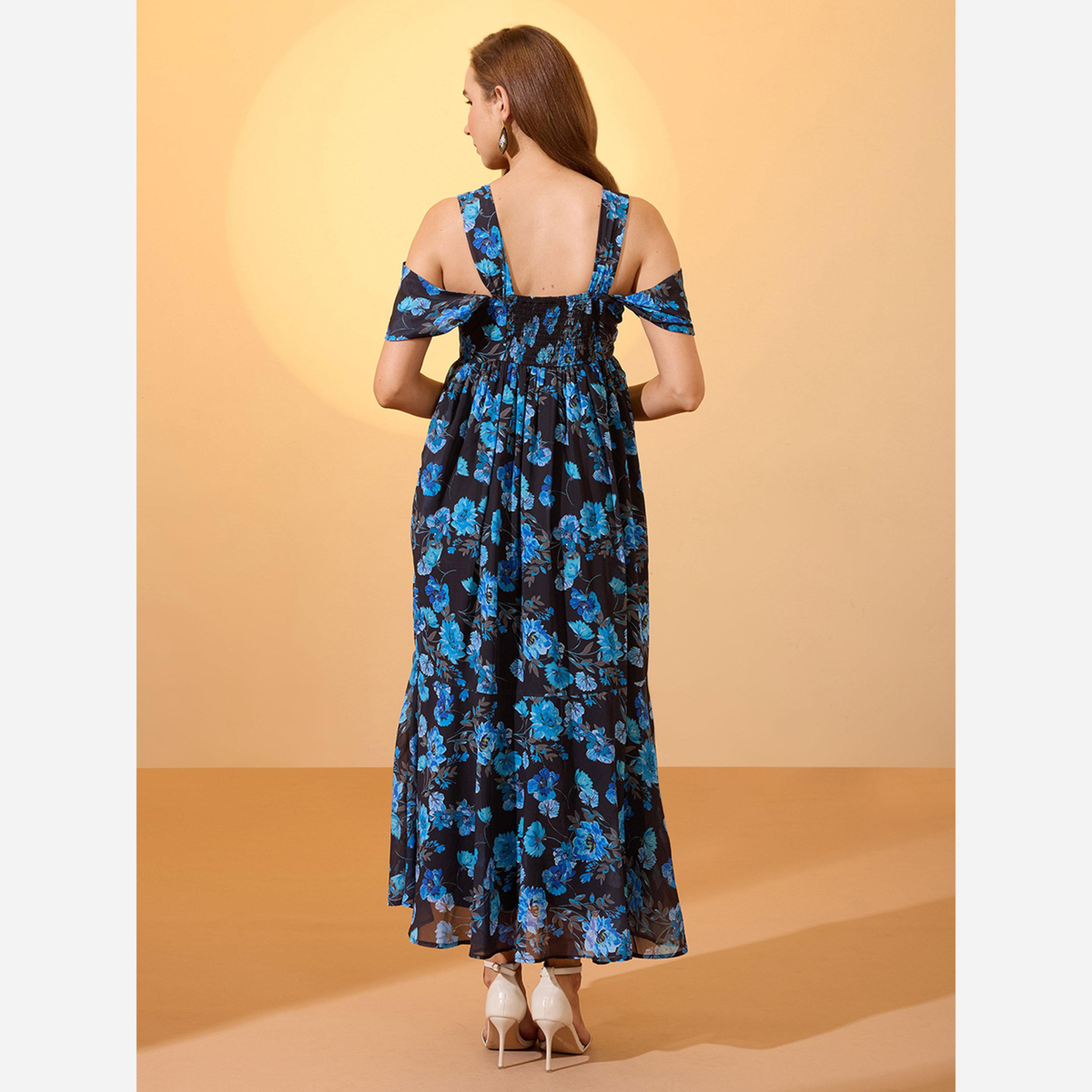 غلوبوص × ستايلي - فستان متوسط الطول لون أزرق طبعة زهور أكمام مكشوفة الكتفين-women-clothing-dresses-image-3