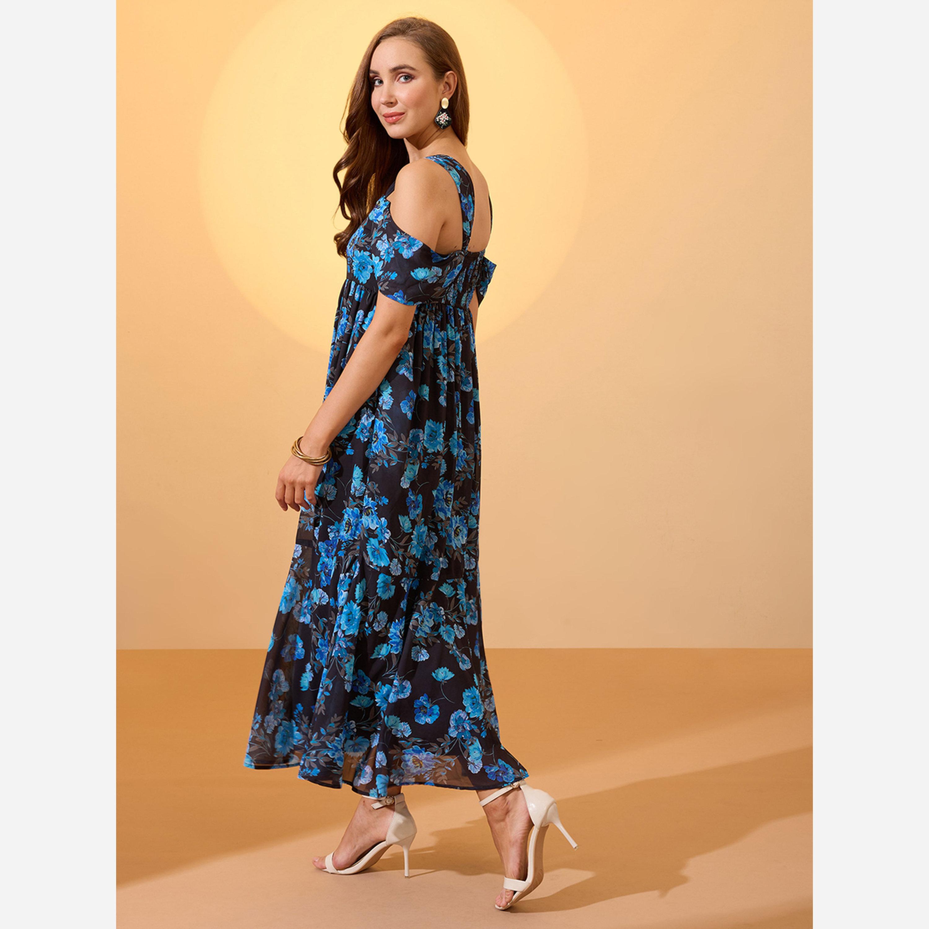 غلوبوص × ستايلي - فستان متوسط الطول لون أزرق طبعة زهور أكمام مكشوفة الكتفين-women-clothing-dresses-image-5