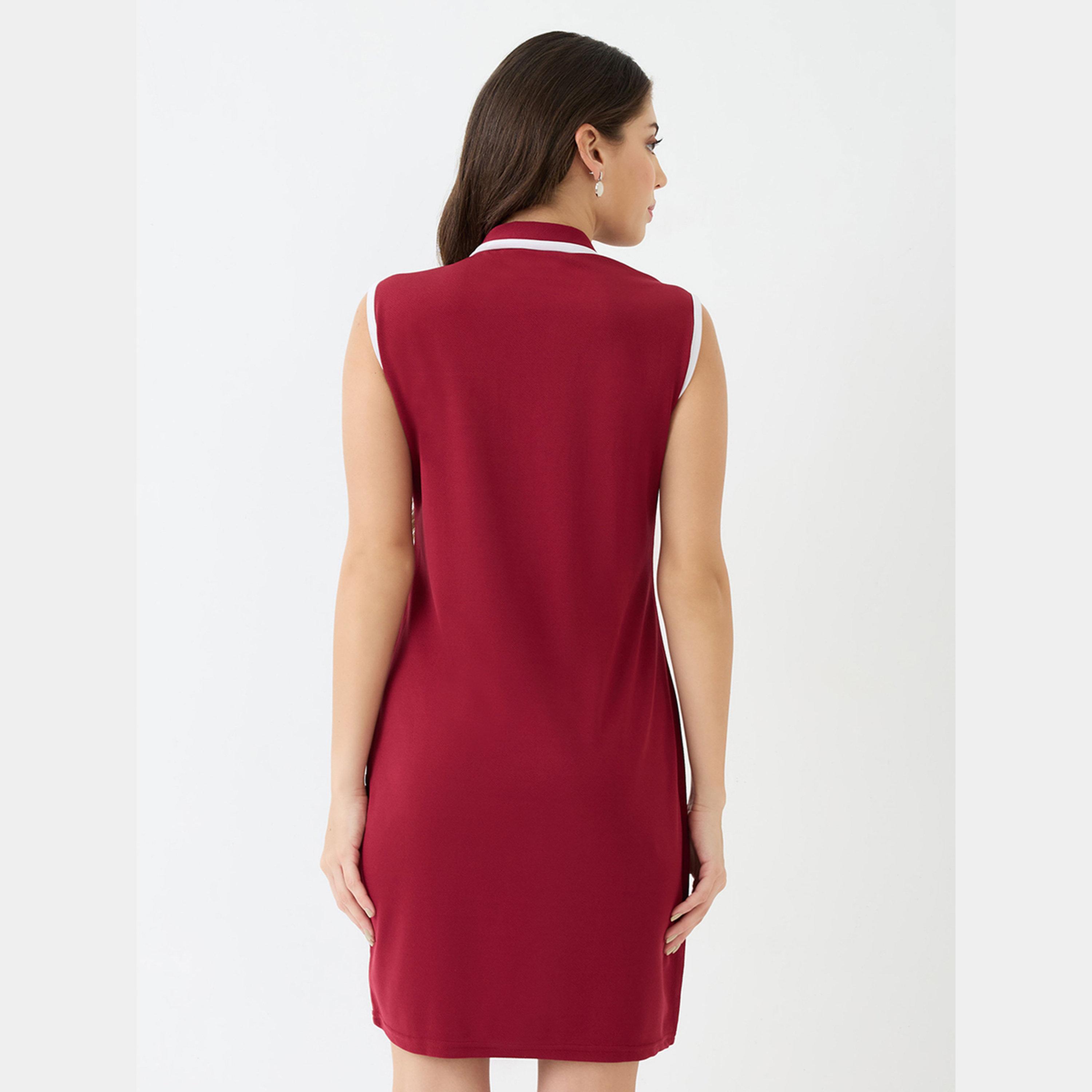 Globus X Styli Maroon Collared Neck Women's Front Zip Mini Bodycon Dress-women-clothing-dresses-image-3