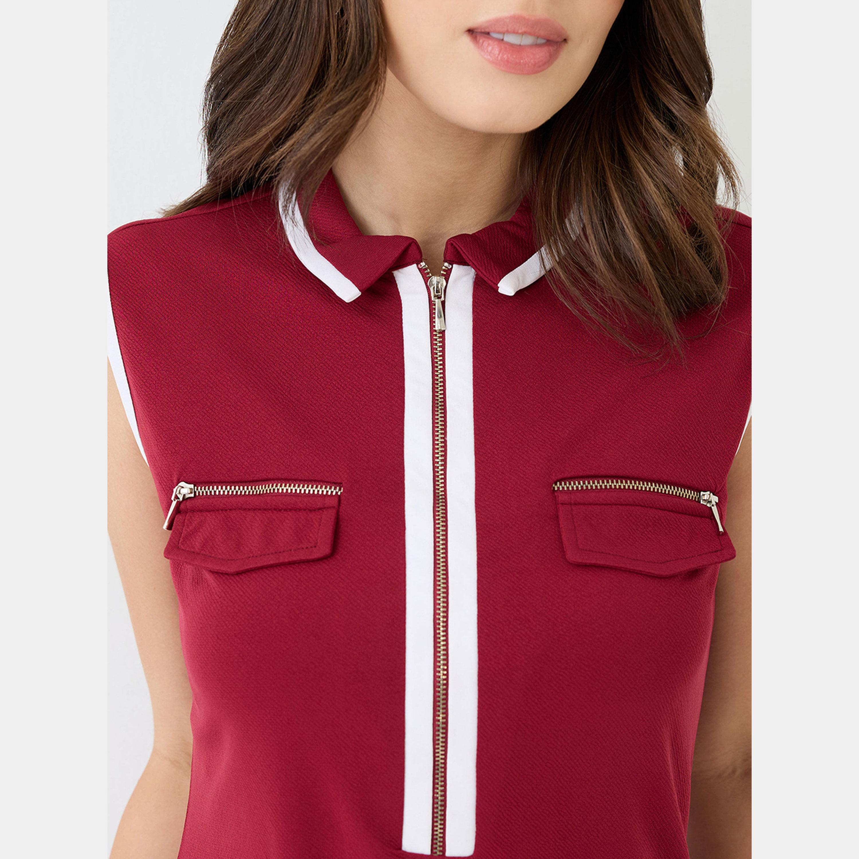 غلوبوص × ستايلي - فستان نسائي قصير ضيق بسحاب أمامي وياقة دائرية لون مارون-women-clothing-dresses-image-4