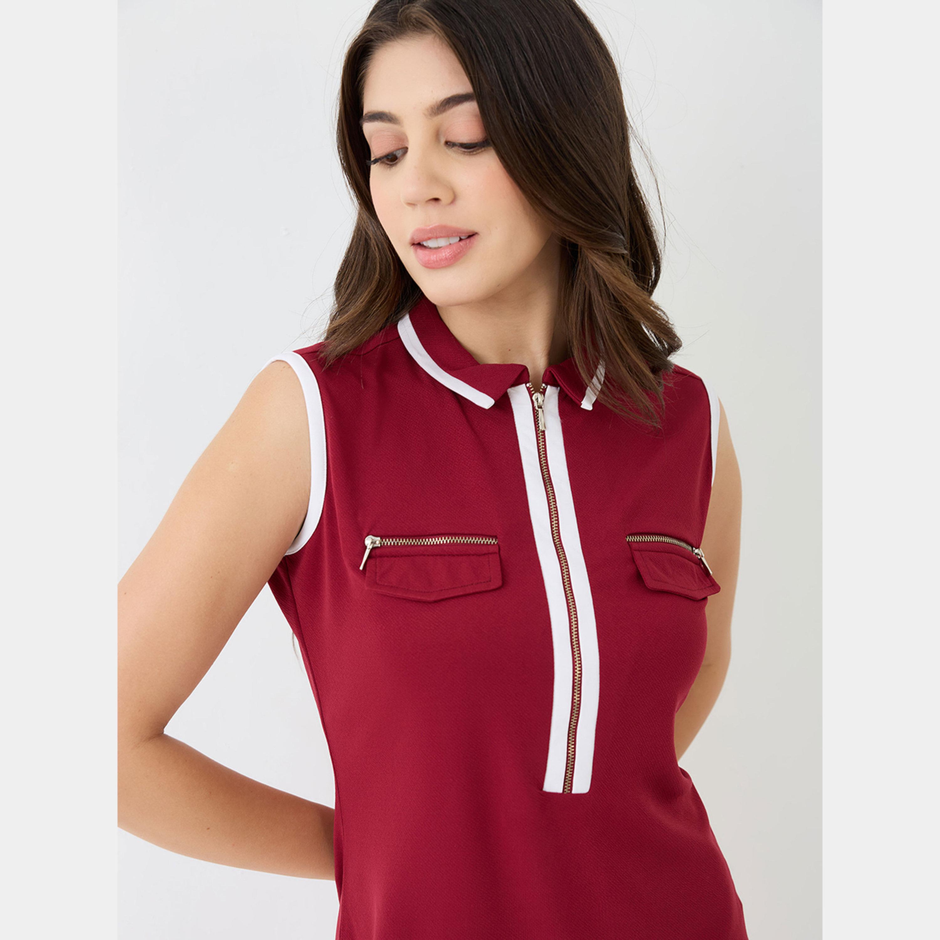 Globus X Styli Maroon Collared Neck Women's Front Zip Mini Bodycon Dress-women-clothing-dresses-image-5