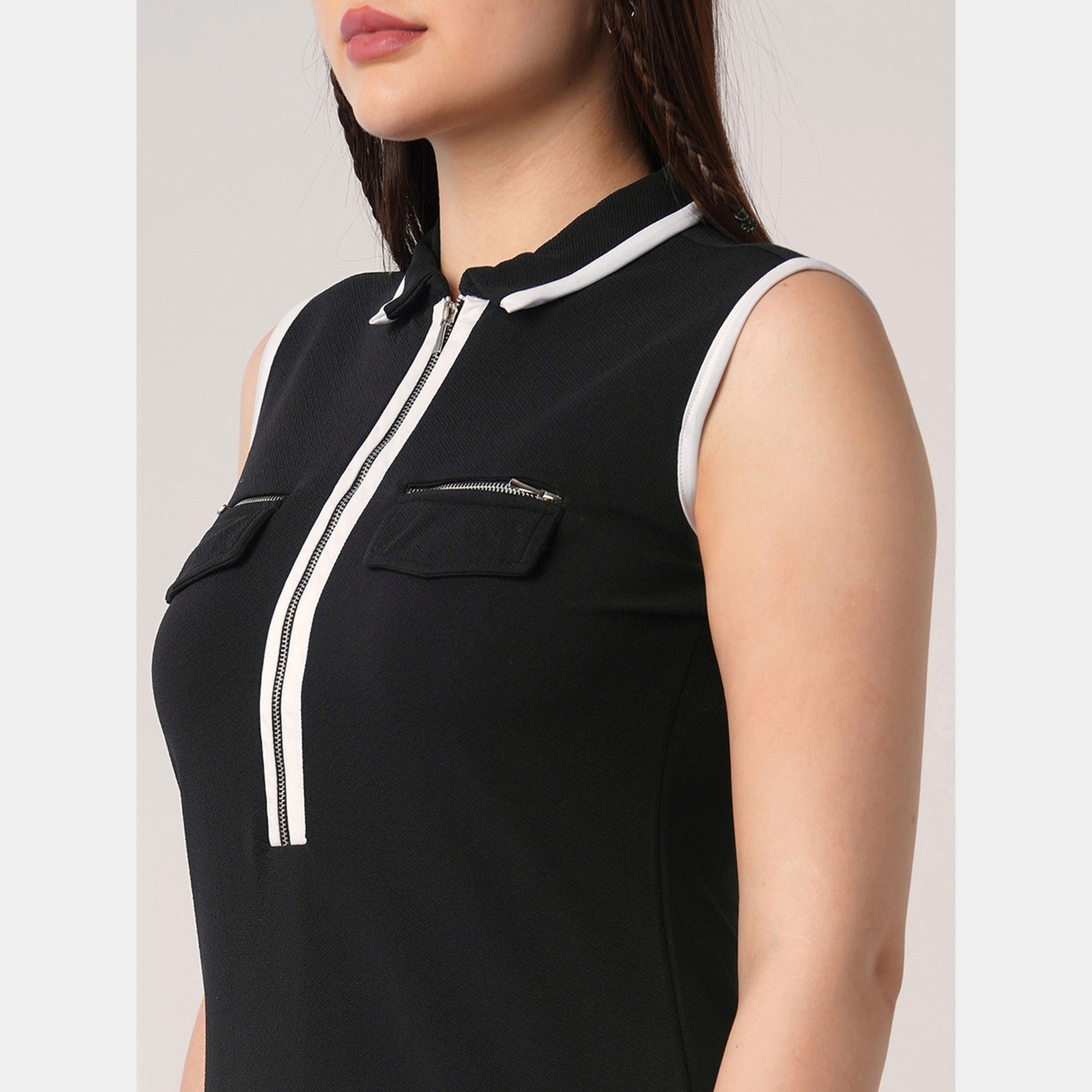 غلوبوص × ستايلي - فستان نسائي قصير ضيق بسحاب أمامي وياقة دائرية لون أسود-women-clothing-dresses-image-4