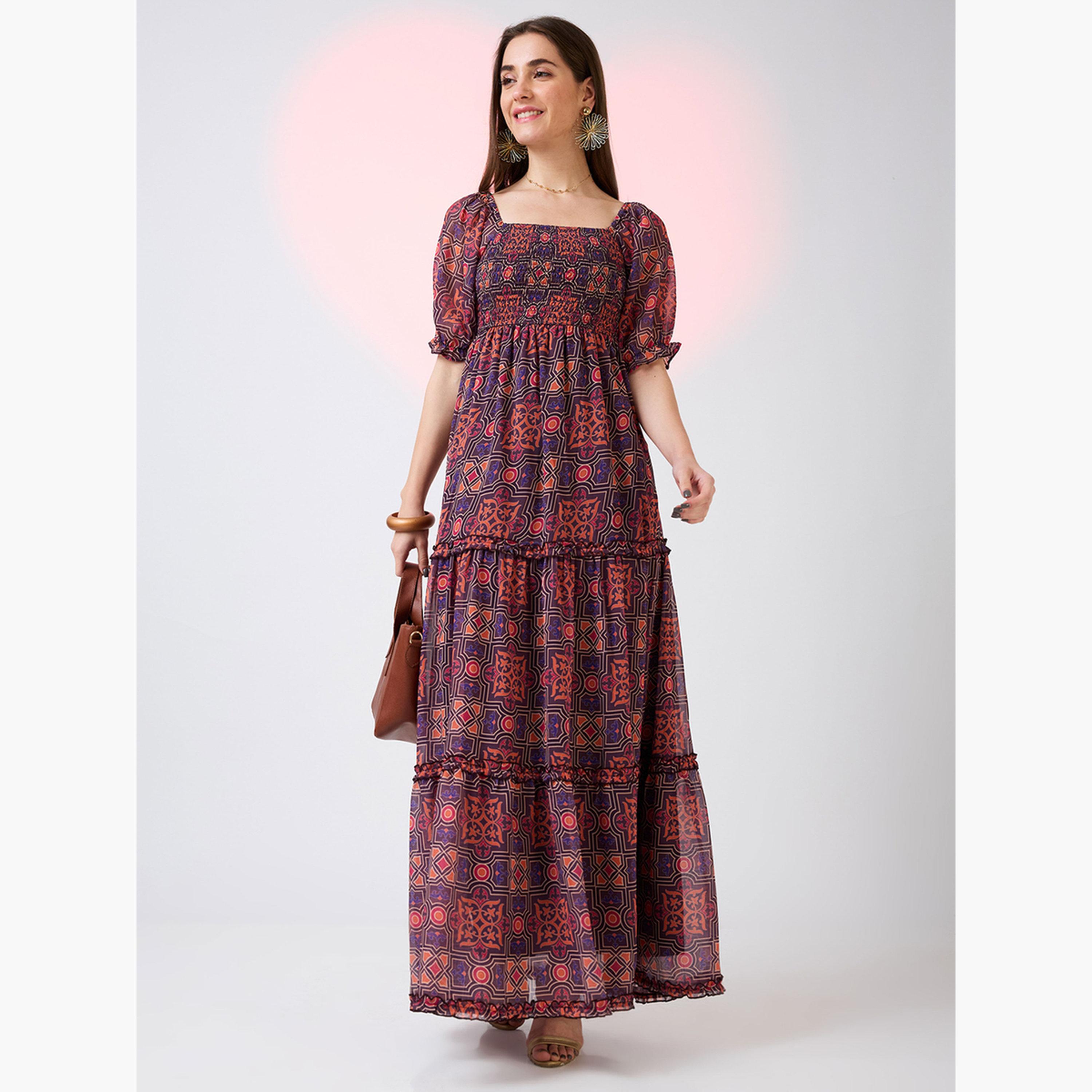 غلوبوص × ستايلي - فستان ماكسي متعدد الطبقات بأكمام منتفخة رقبة مربعة-women-clothing-dresses-image-1