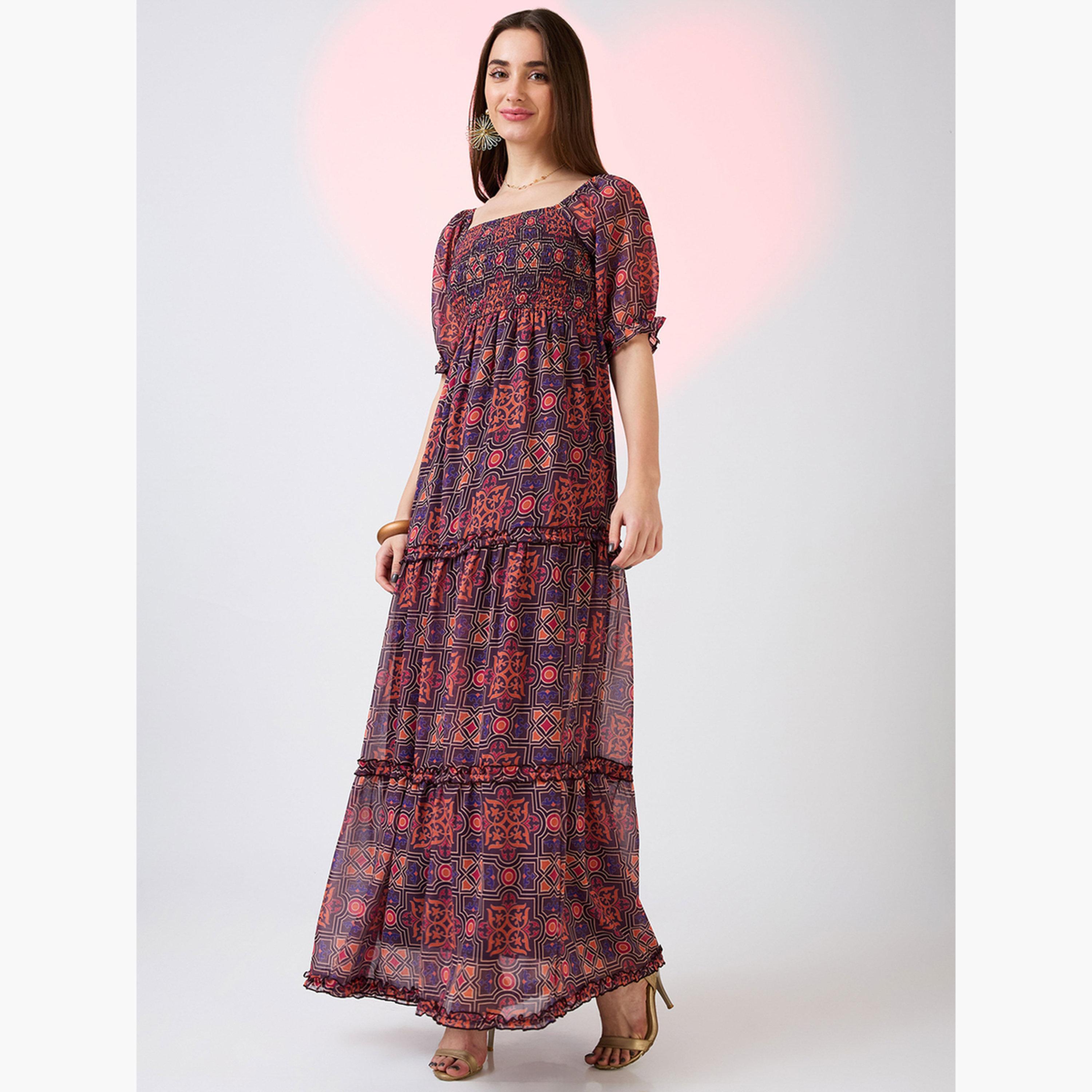 غلوبوص × ستايلي - فستان ماكسي متعدد الطبقات بأكمام منتفخة رقبة مربعة-women-clothing-dresses-image-2