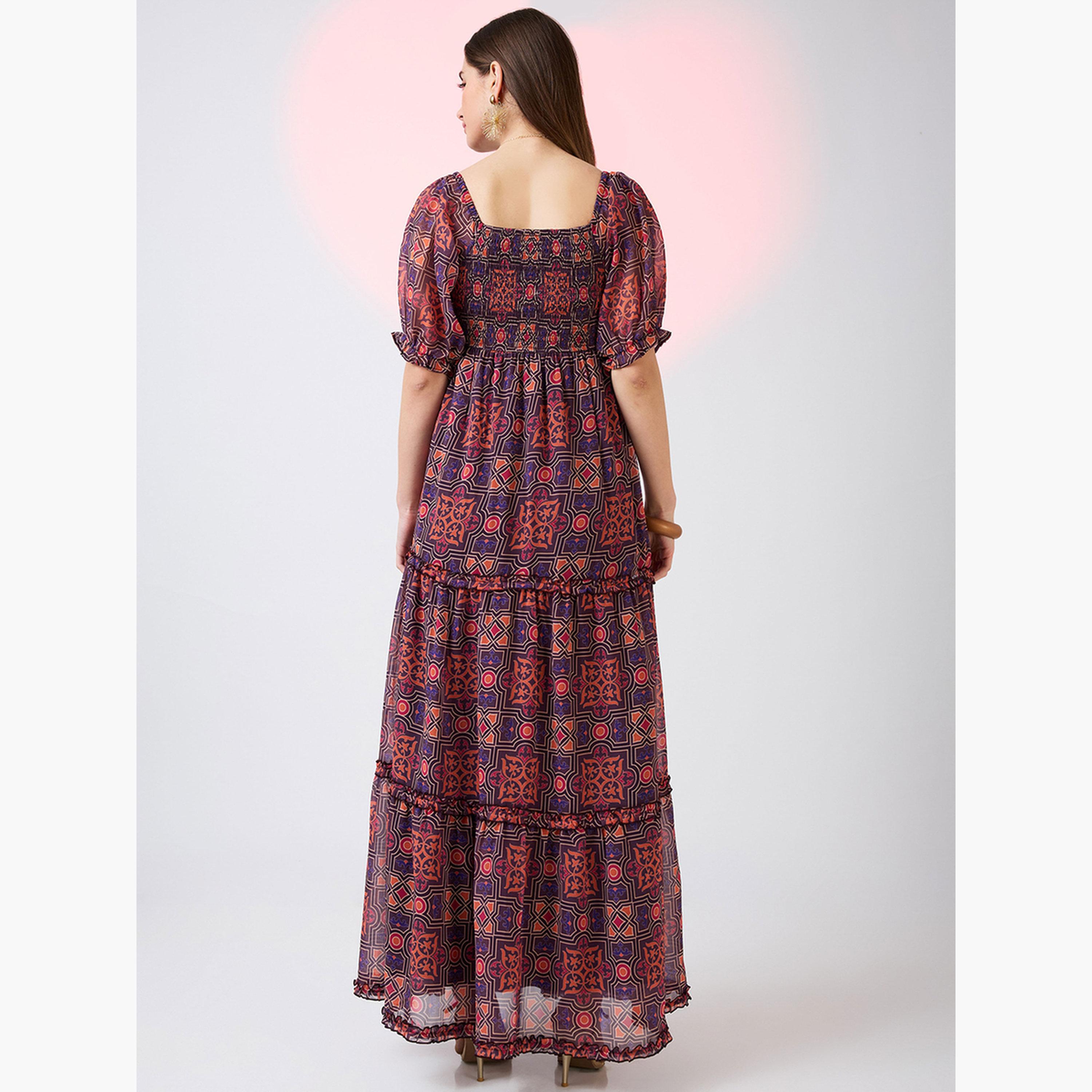 غلوبوص × ستايلي - فستان ماكسي متعدد الطبقات بأكمام منتفخة رقبة مربعة-women-clothing-dresses-image-3