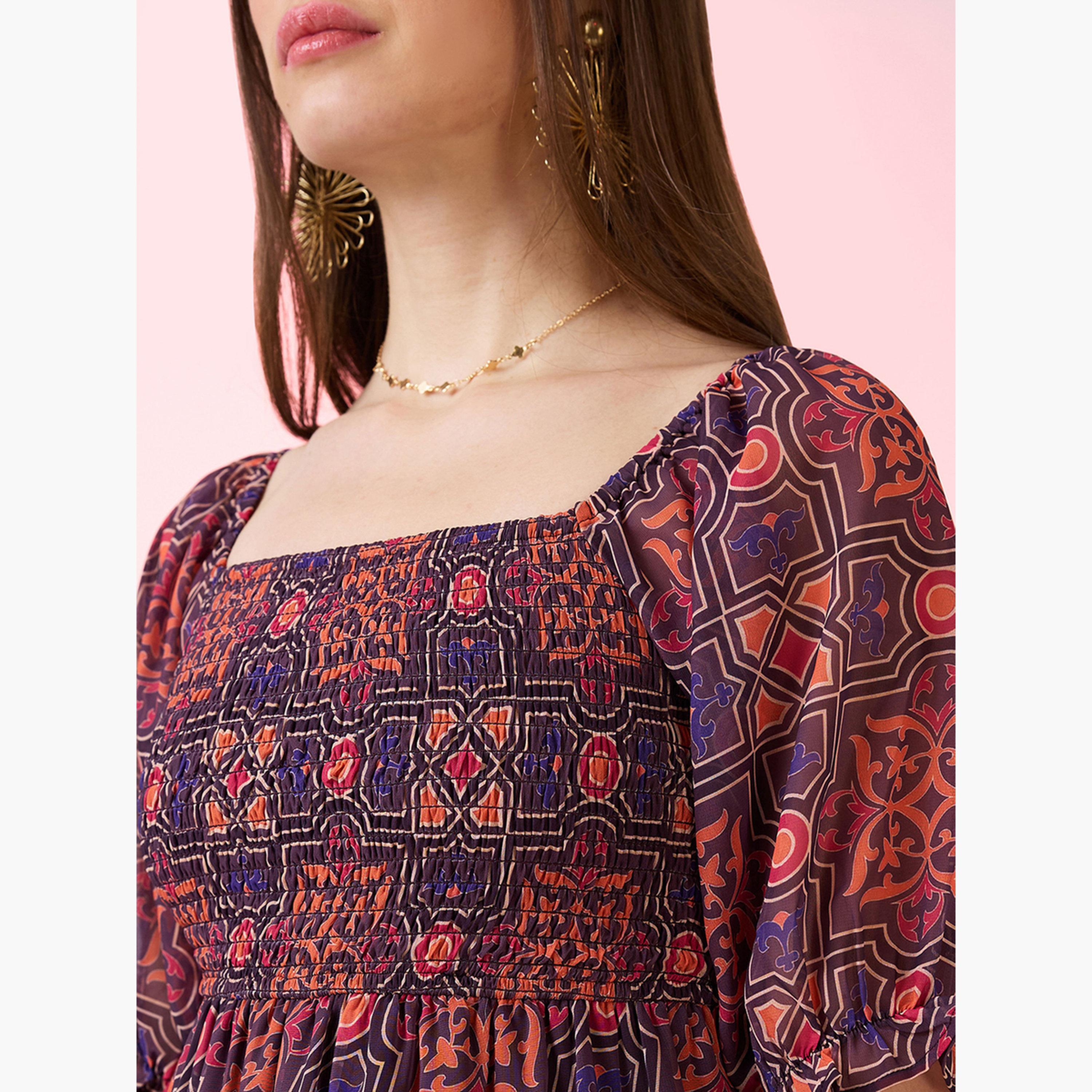 غلوبوص × ستايلي - فستان ماكسي متعدد الطبقات بأكمام منتفخة رقبة مربعة-women-clothing-dresses-image-4