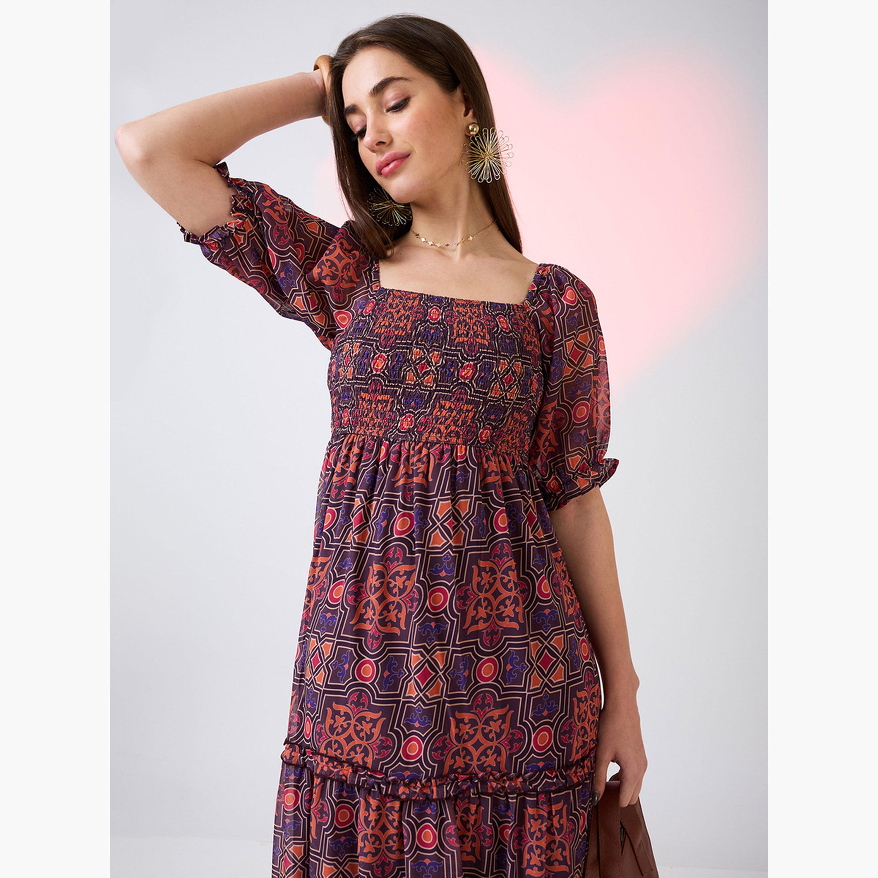 غلوبوص × ستايلي - فستان ماكسي متعدد الطبقات بأكمام منتفخة رقبة مربعة-women-clothing-dresses-image-5