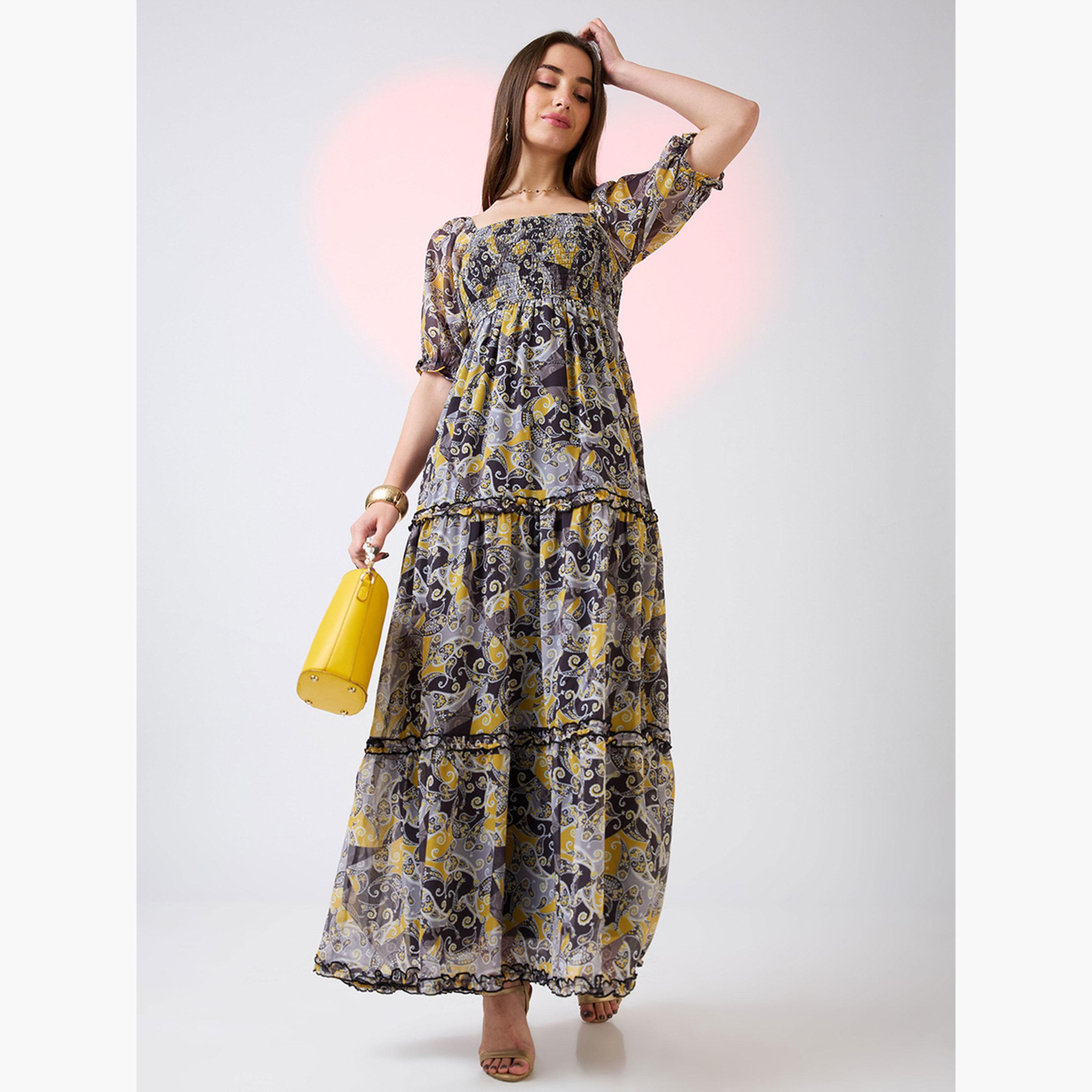 غلوبوص × ستايلي - فستان ماكسي أصفر متعدد الطبقات بأكمام منتفخة رقبة مربعة-women-clothing-dresses-image-1