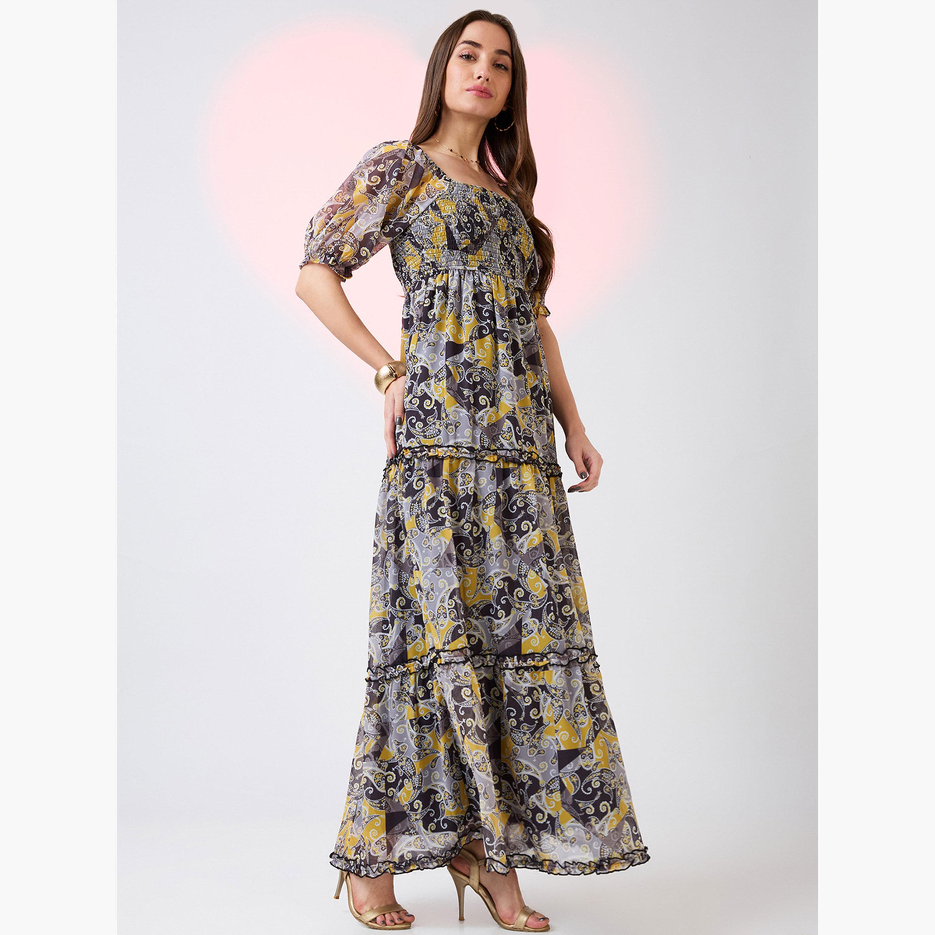 Globus X Styli Yellow Square Neck Puff Sleeves Tiered Maxi Dress-women-clothing-dresses-image-2