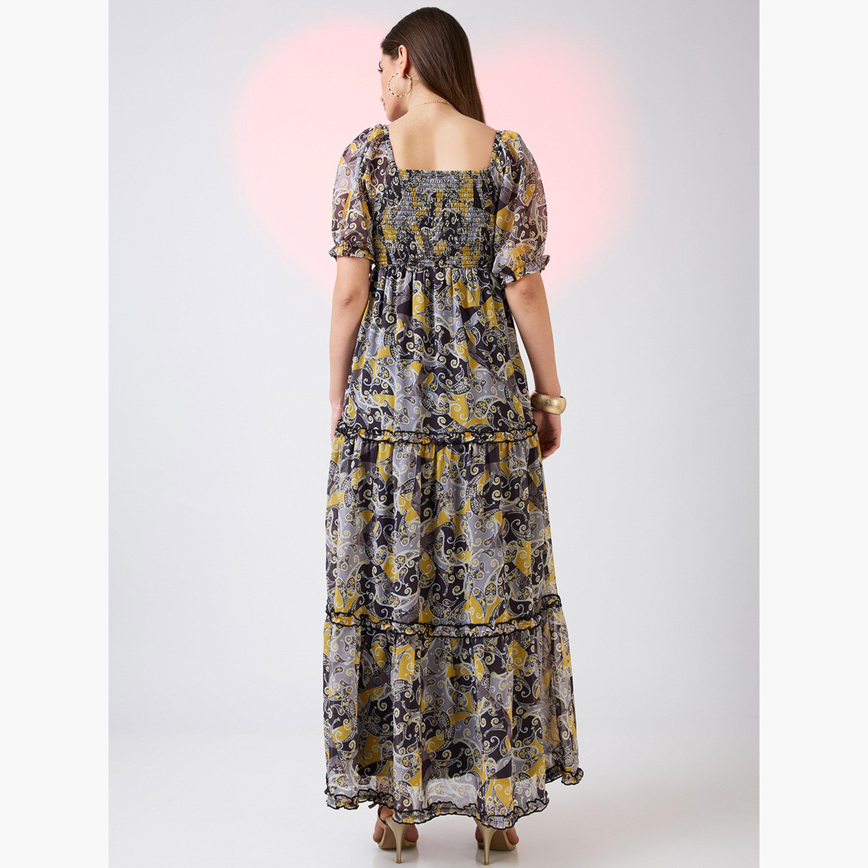 Globus X Styli Yellow Square Neck Puff Sleeves Tiered Maxi Dress-women-clothing-dresses-image-3