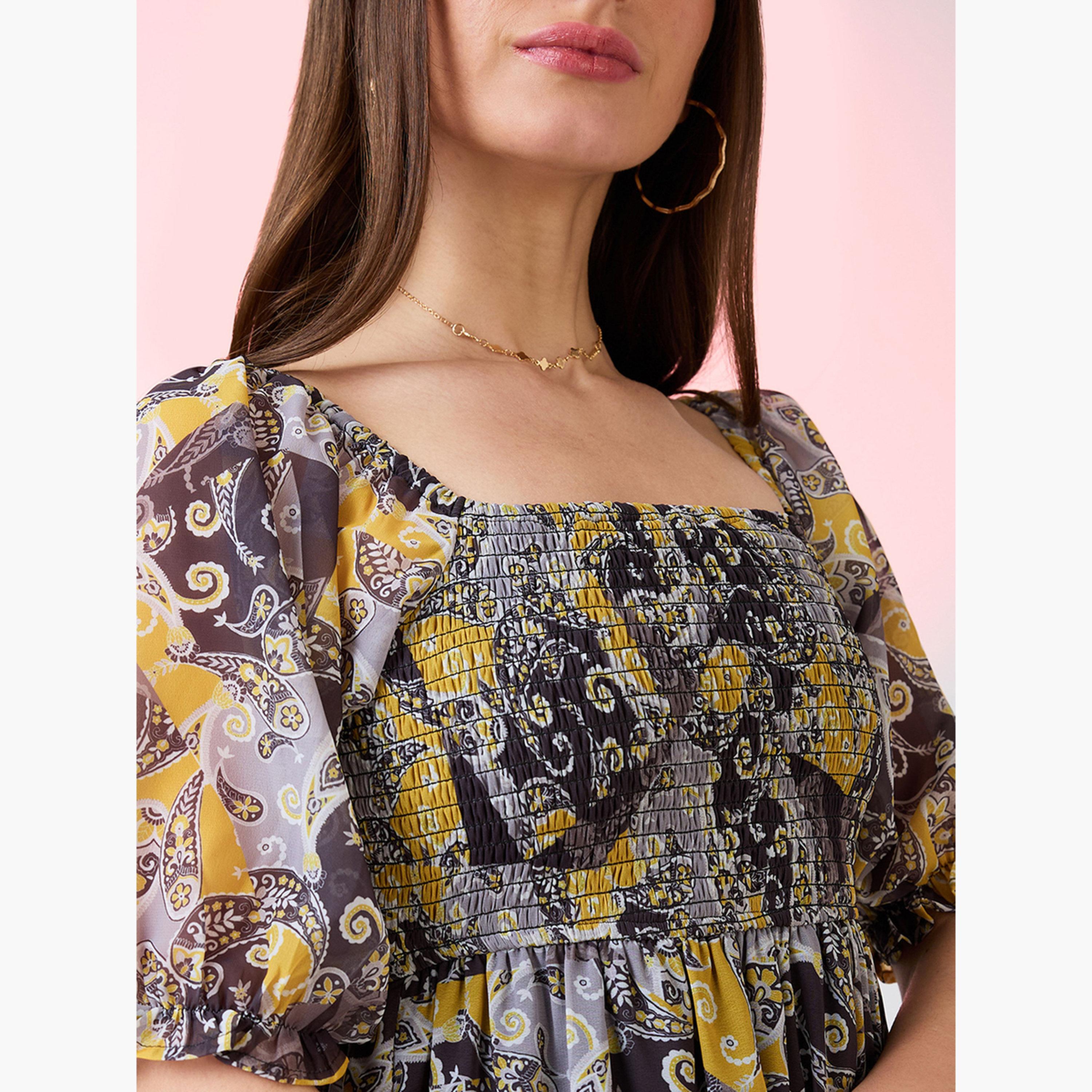 غلوبوص × ستايلي - فستان ماكسي أصفر متعدد الطبقات بأكمام منتفخة رقبة مربعة-women-clothing-dresses-image-4