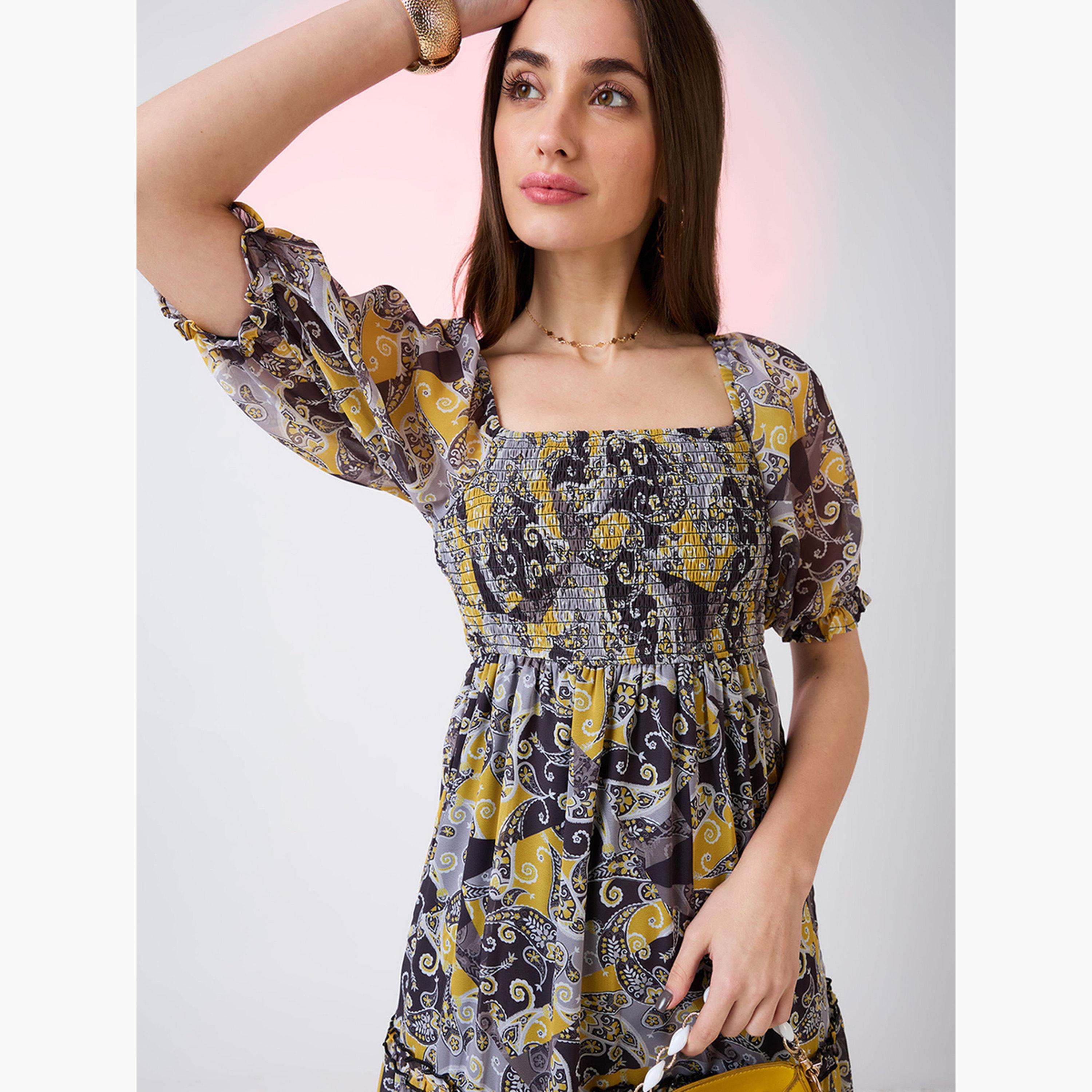 غلوبوص × ستايلي - فستان ماكسي أصفر متعدد الطبقات بأكمام منتفخة رقبة مربعة-women-clothing-dresses-image-5