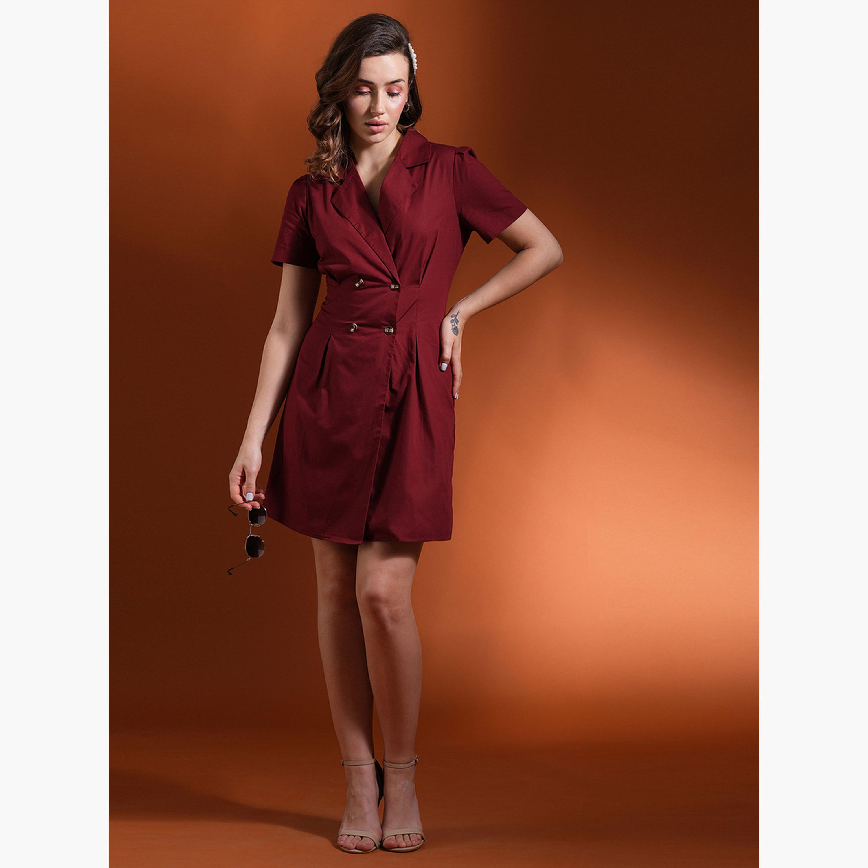 غلوبوص × ستايلي - فستان قصير ياقة مدببة صفين من الأزرار لون مارون-women-clothing-dresses-image-2