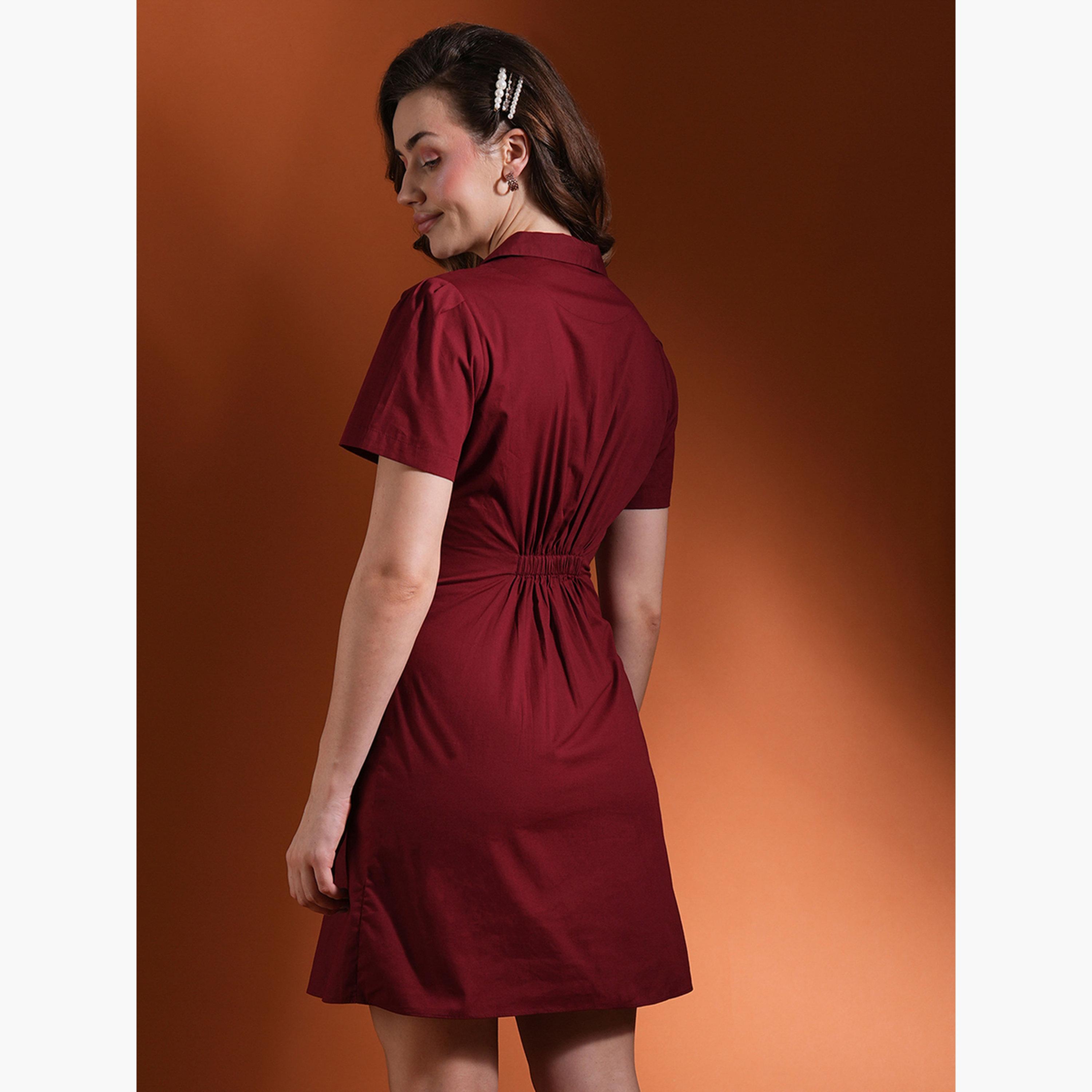 غلوبوص × ستايلي - فستان قصير ياقة مدببة صفين من الأزرار لون مارون-women-clothing-dresses-image-3