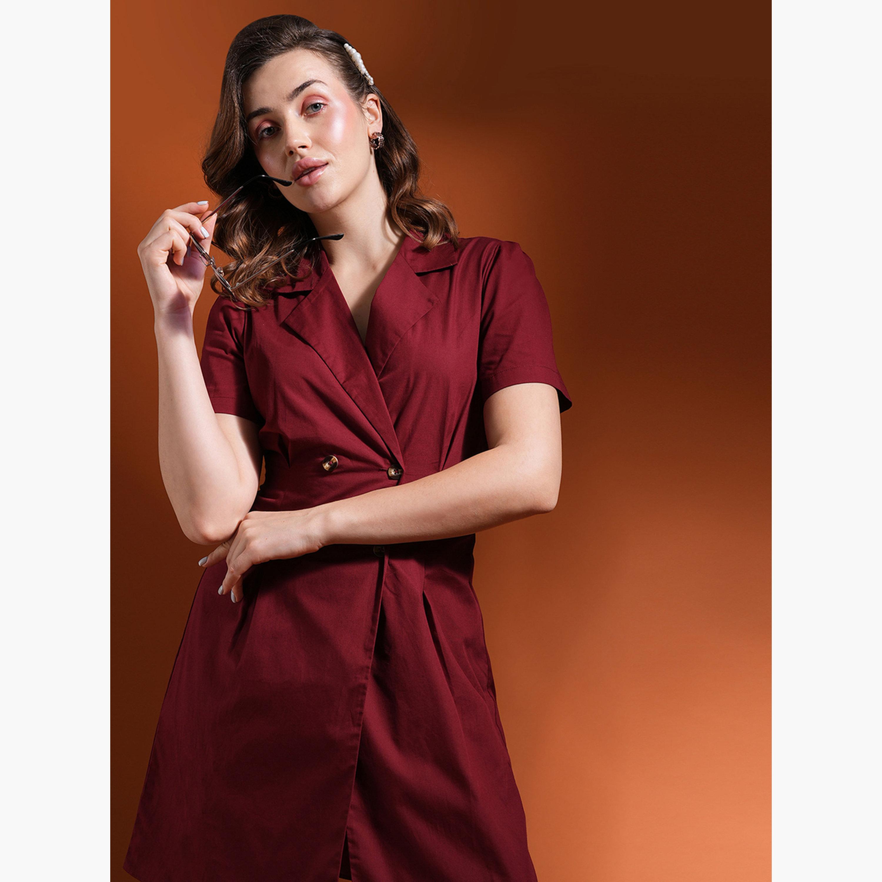 غلوبوص × ستايلي - فستان قصير ياقة مدببة صفين من الأزرار لون مارون-women-clothing-dresses-image-5