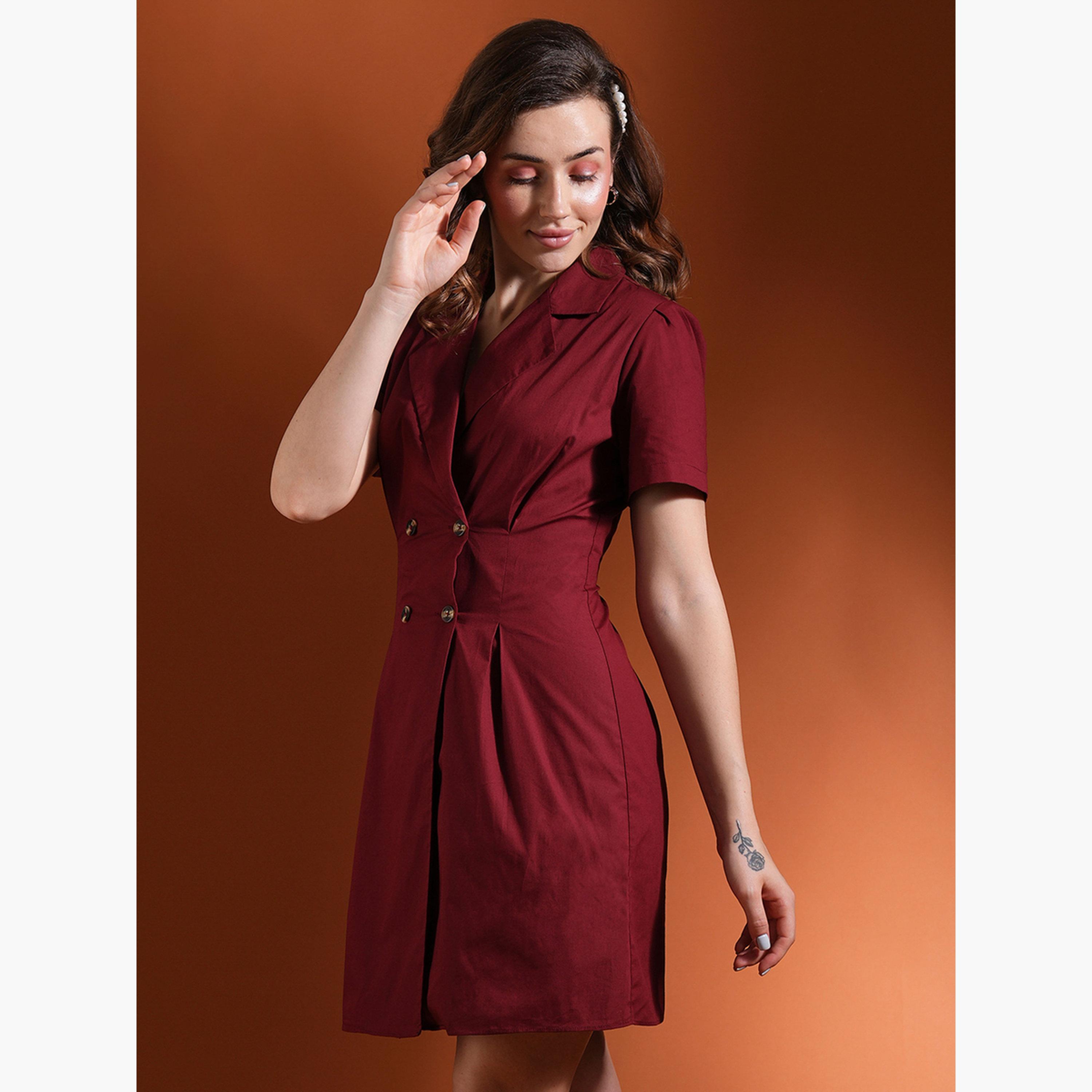 غلوبوص × ستايلي - فستان قصير ياقة مدببة صفين من الأزرار لون مارون-women-clothing-dresses-image-6