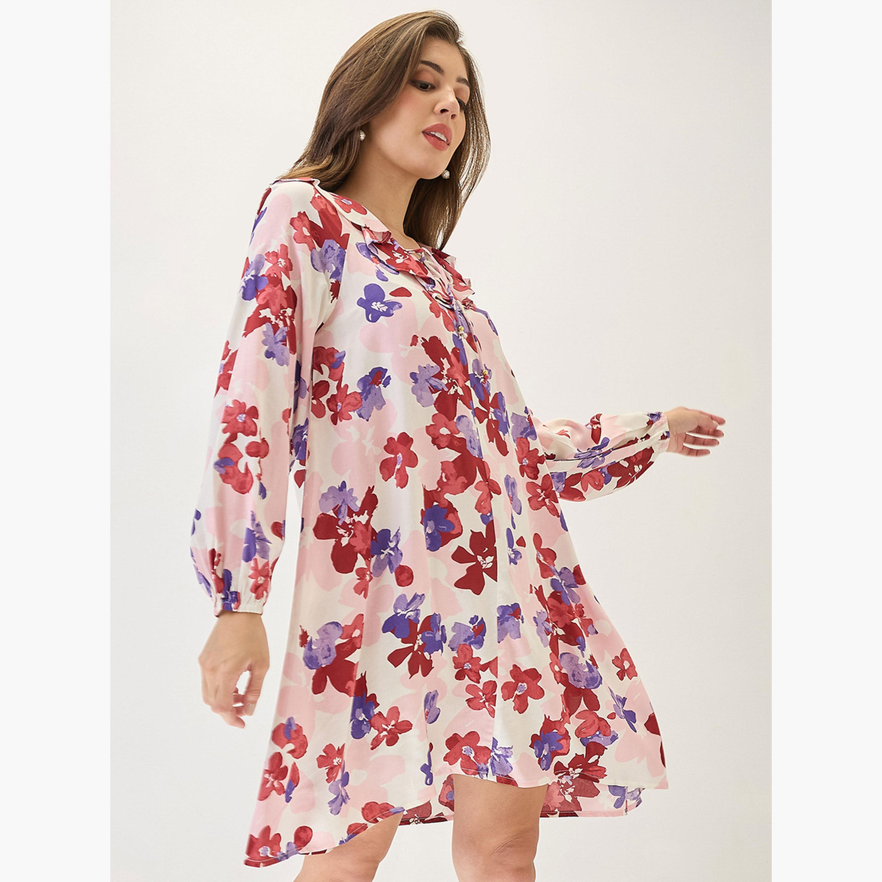 Globus X Styli Floral Print Ruffled Long Sleeve Mini Dress-women-clothing-dresses-image-1