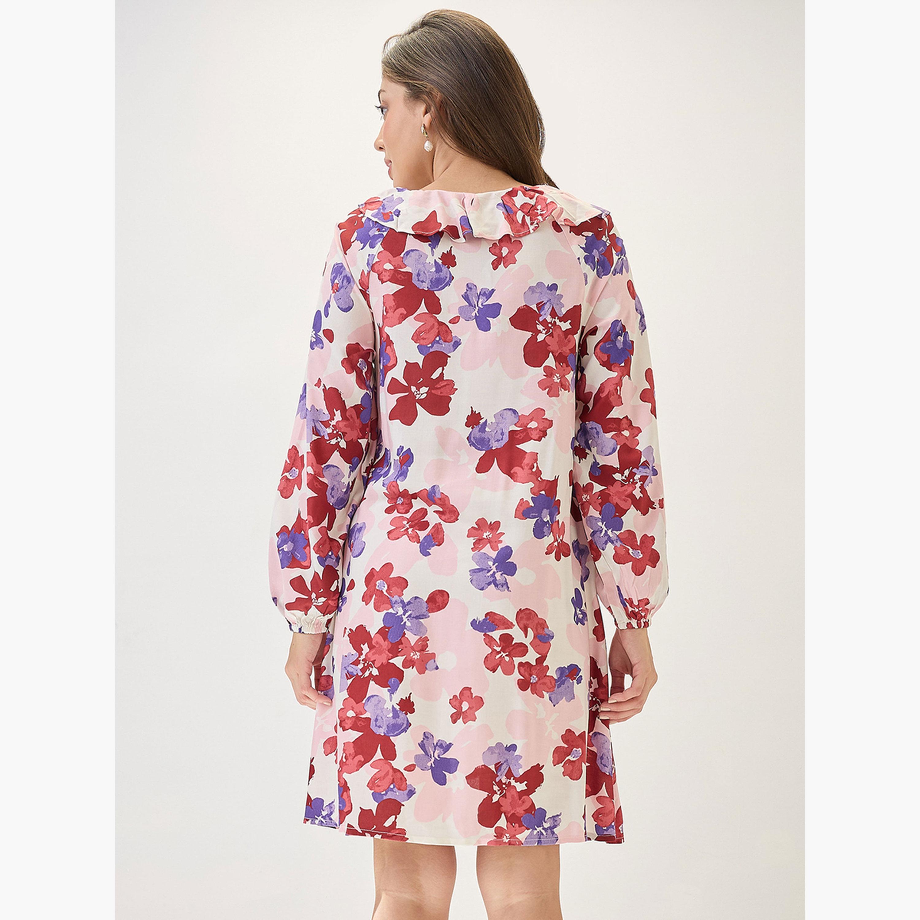 Globus X Styli Floral Print Ruffled Long Sleeve Mini Dress-women-clothing-dresses-image-3