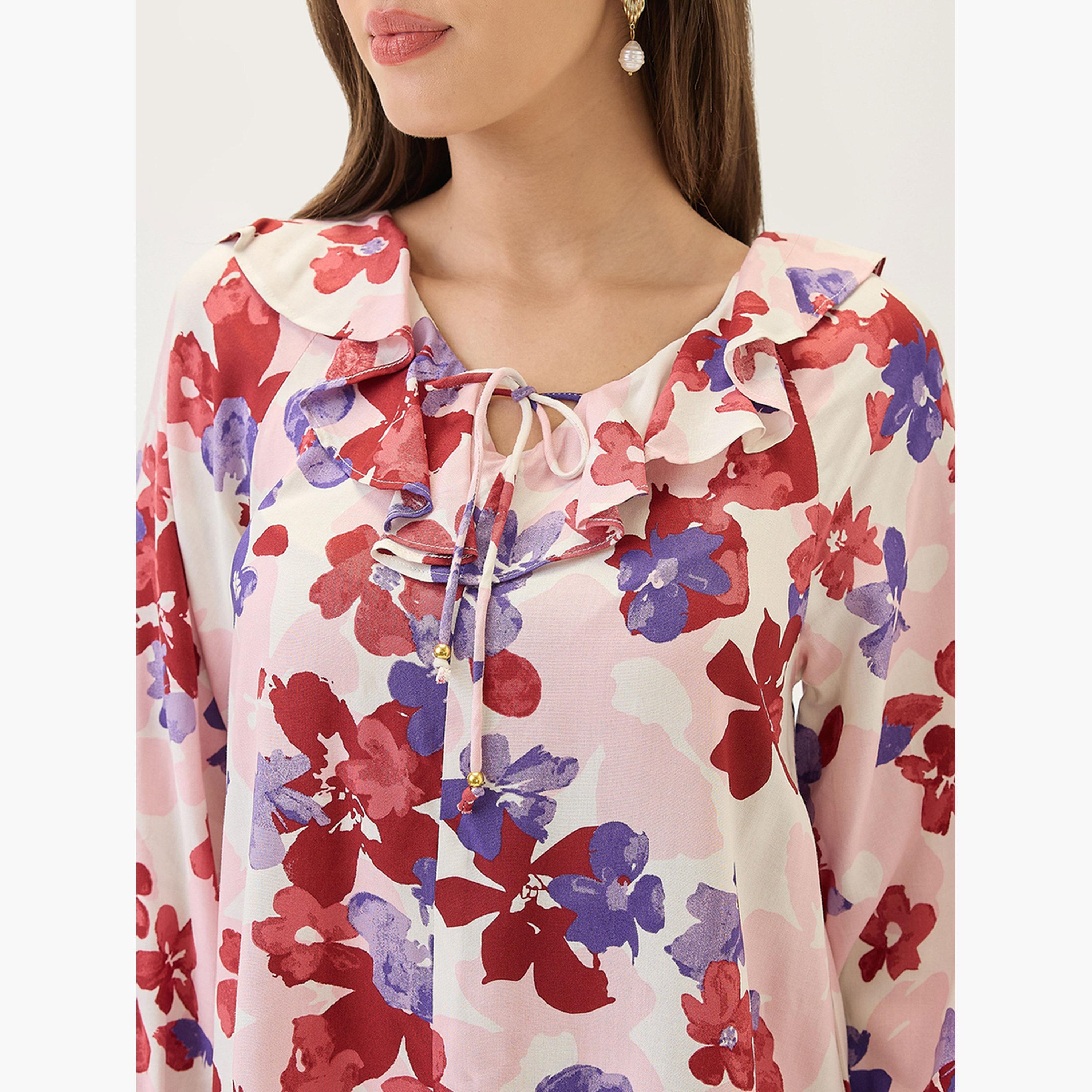 Globus X Styli Floral Print Ruffled Long Sleeve Mini Dress-women-clothing-dresses-image-4