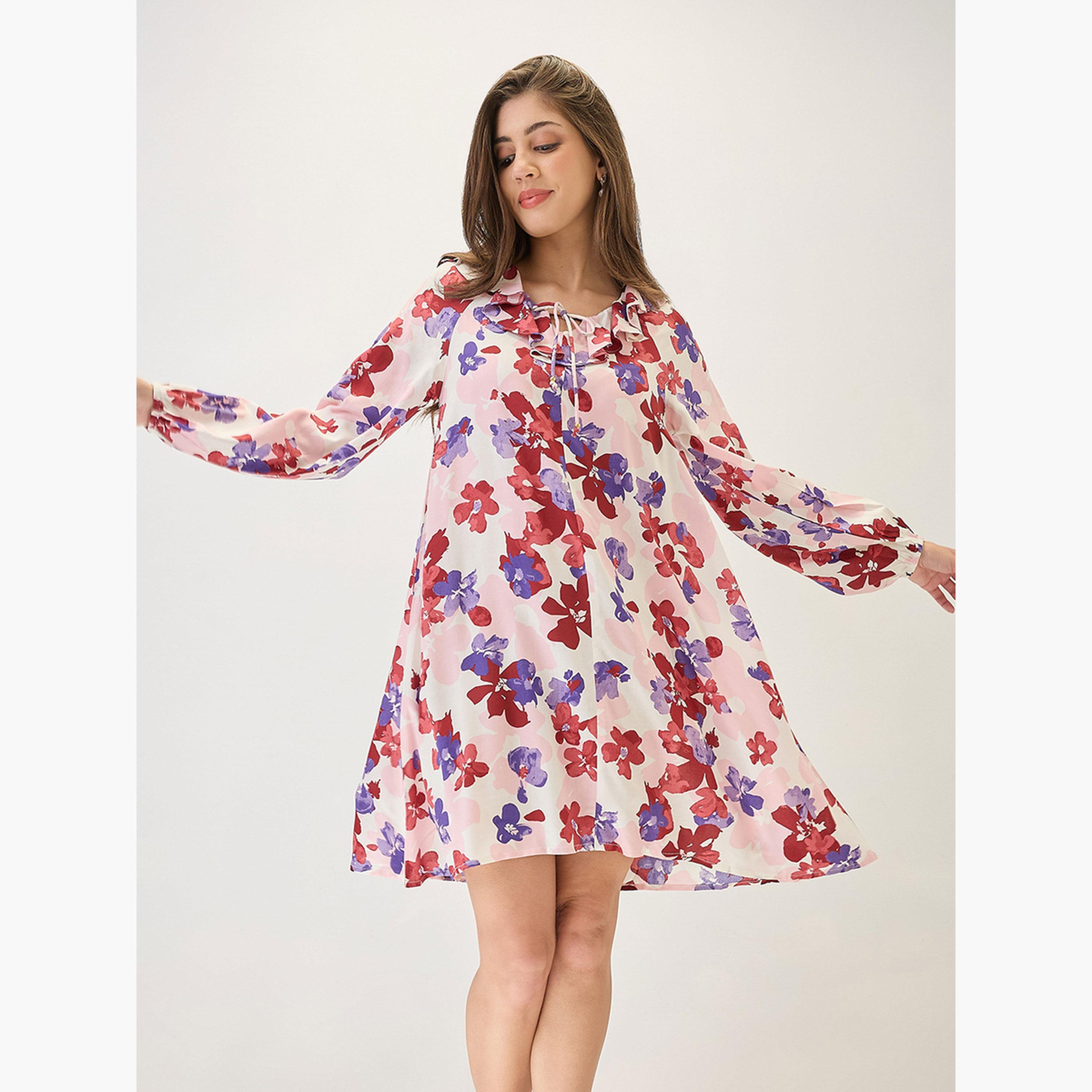 غلوبوص × ستايلي - فستان قصير بأكمام طويلة وطبعة زهور-women-clothing-dresses-image-5