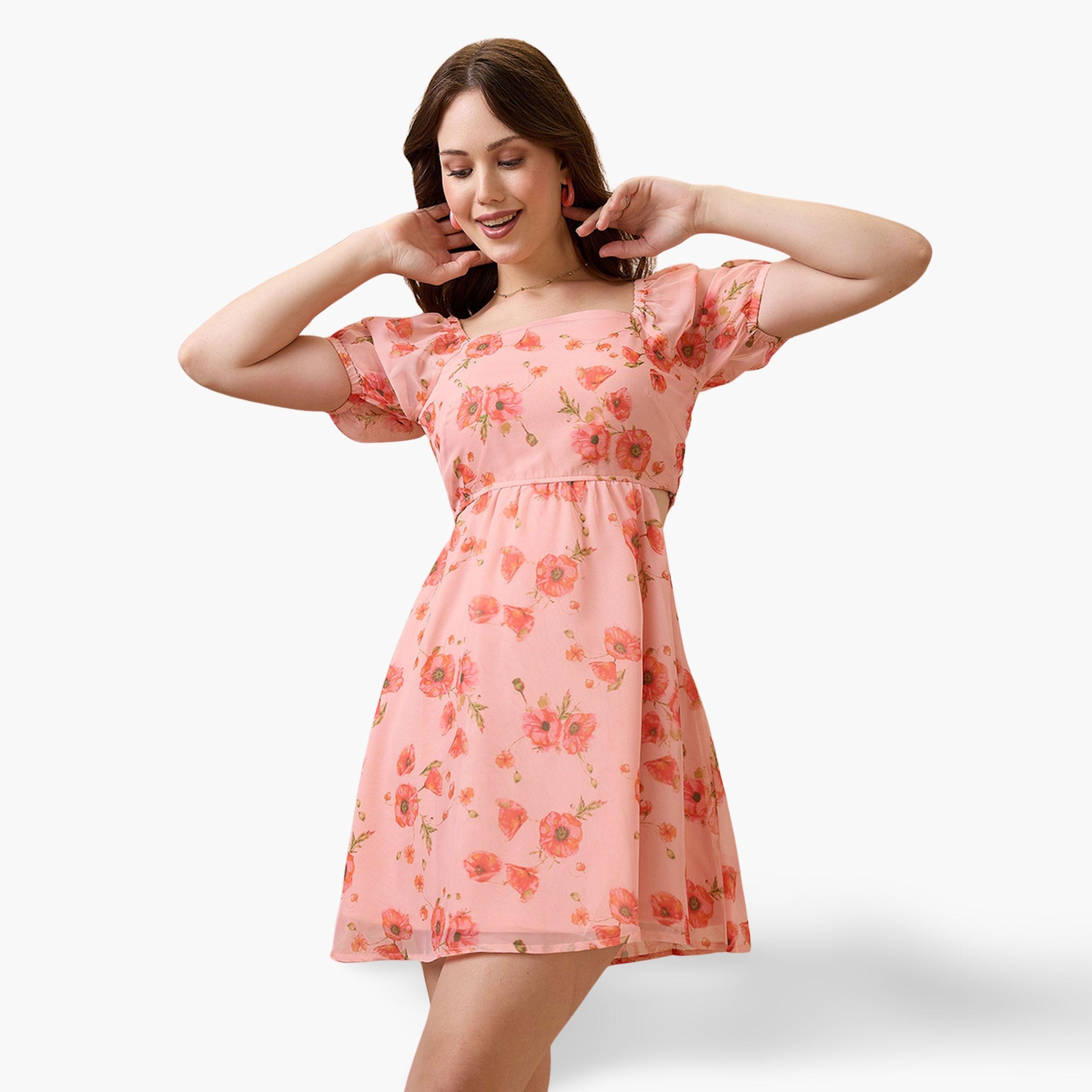 Globus X Styli Pink Floral Printed Square Neck Short Sleeves Women's Mini Dress-women-clothing-dresses-image-1