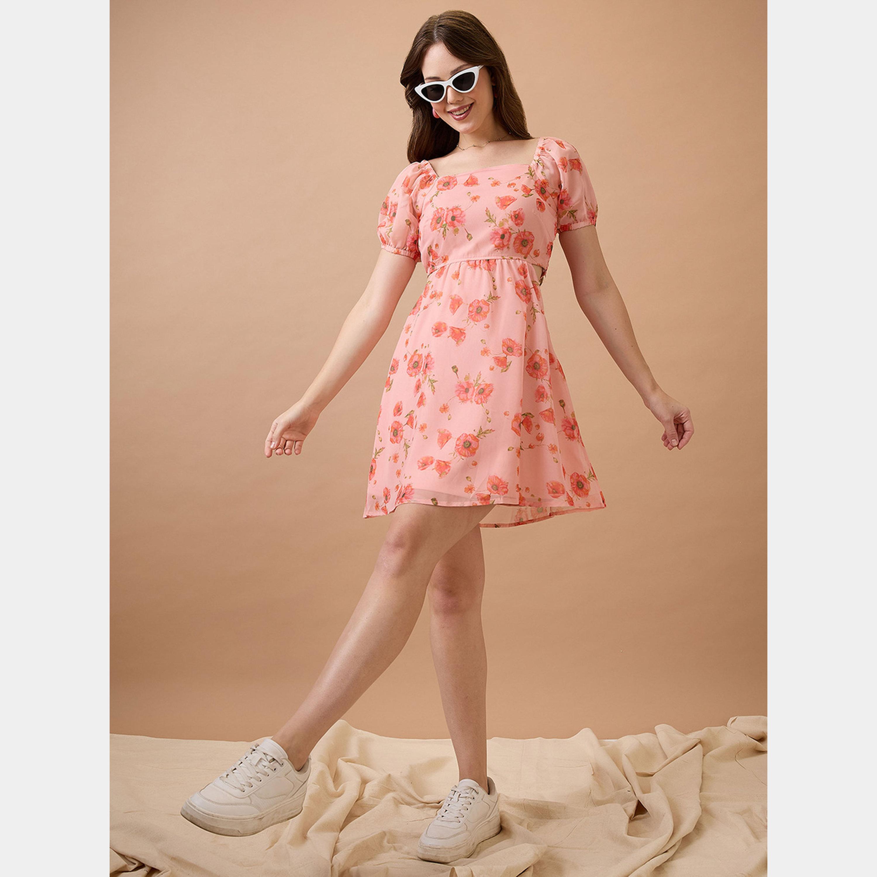 Globus X Styli Pink Floral Printed Square Neck Short Sleeves Women's Mini Dress-women-clothing-dresses-image-2