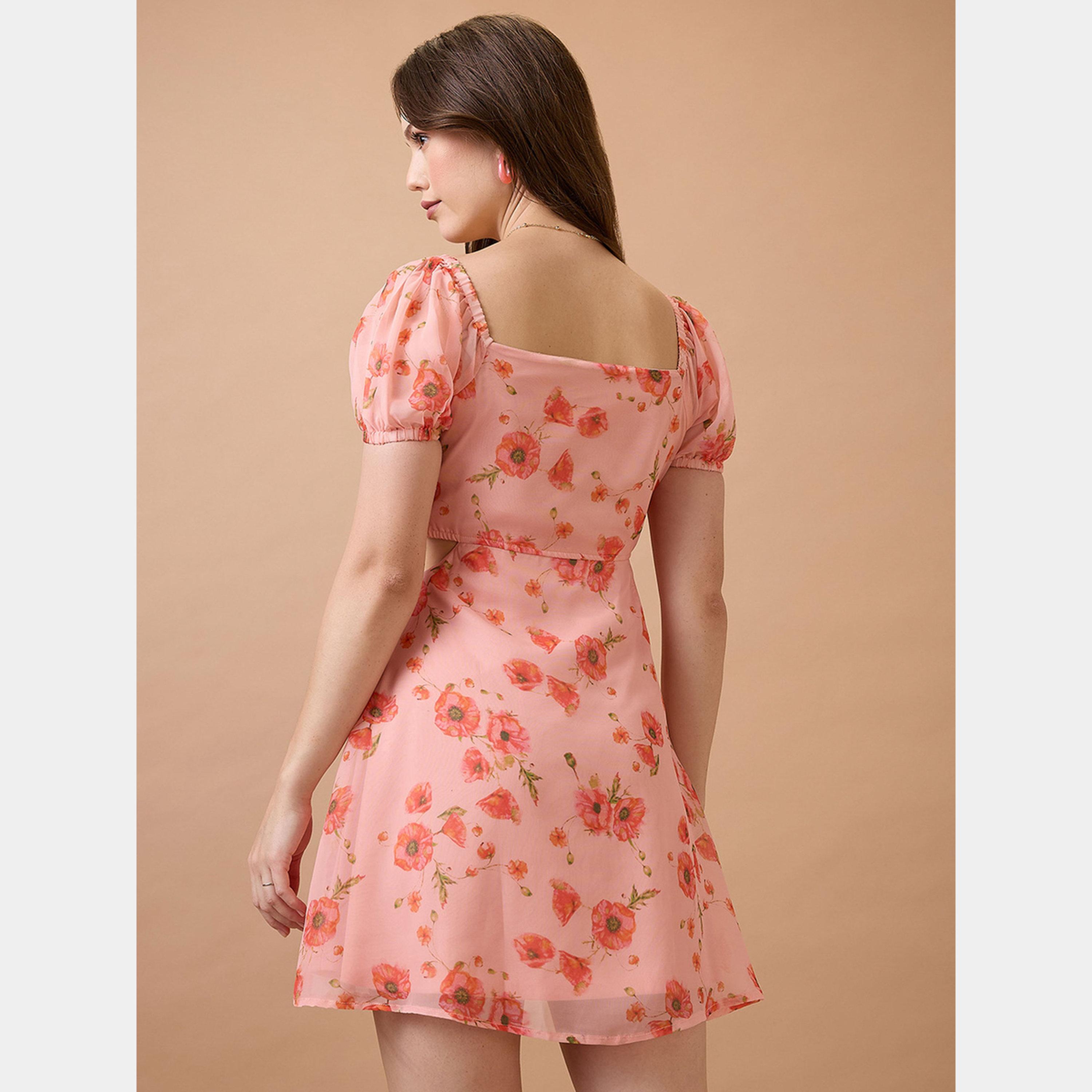 Globus X Styli Pink Floral Printed Square Neck Short Sleeves Women's Mini Dress-women-clothing-dresses-image-3