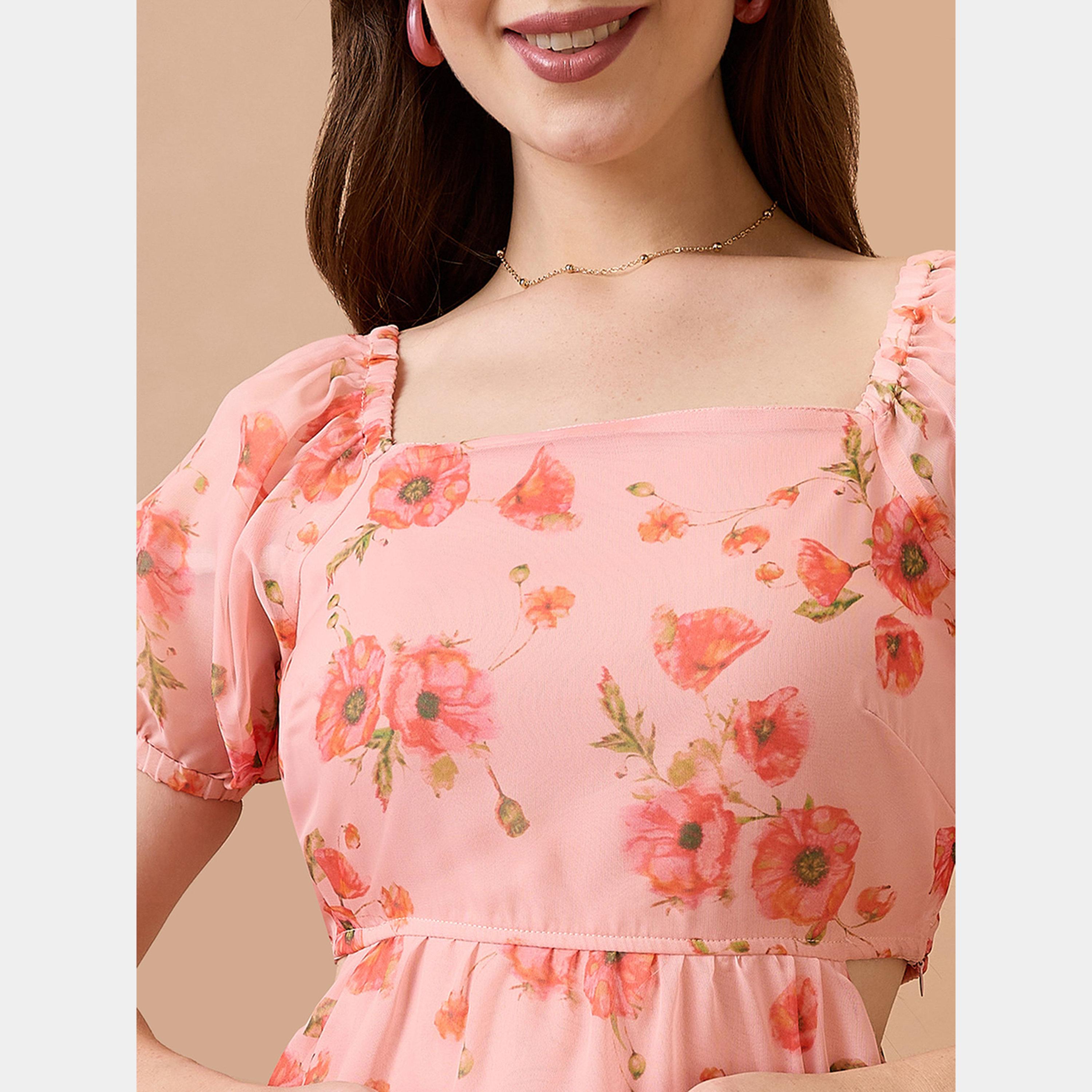Globus X Styli Pink Floral Printed Square Neck Short Sleeves Women's Mini Dress-women-clothing-dresses-image-4