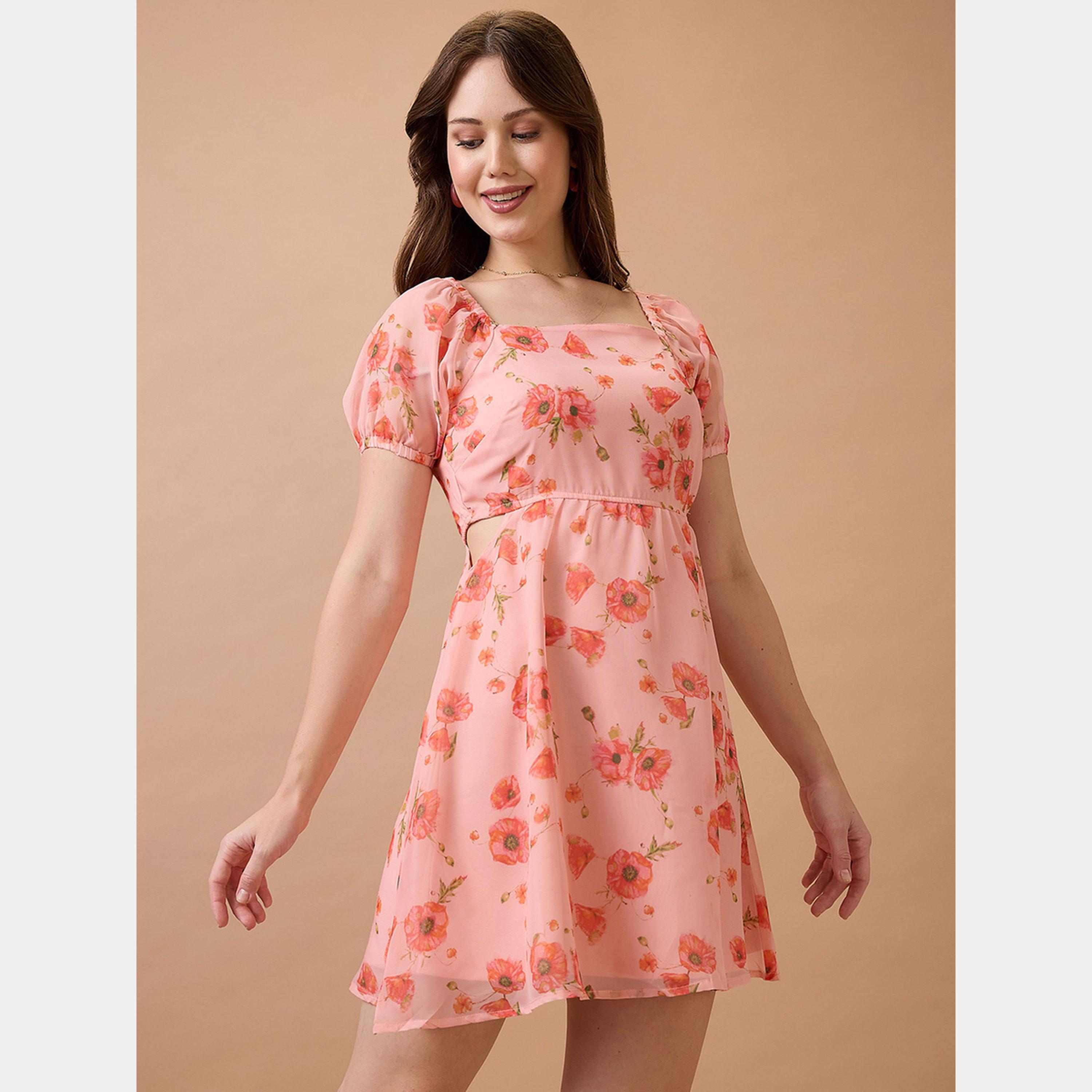 Globus X Styli Pink Floral Printed Square Neck Short Sleeves Women's Mini Dress-women-clothing-dresses-image-5