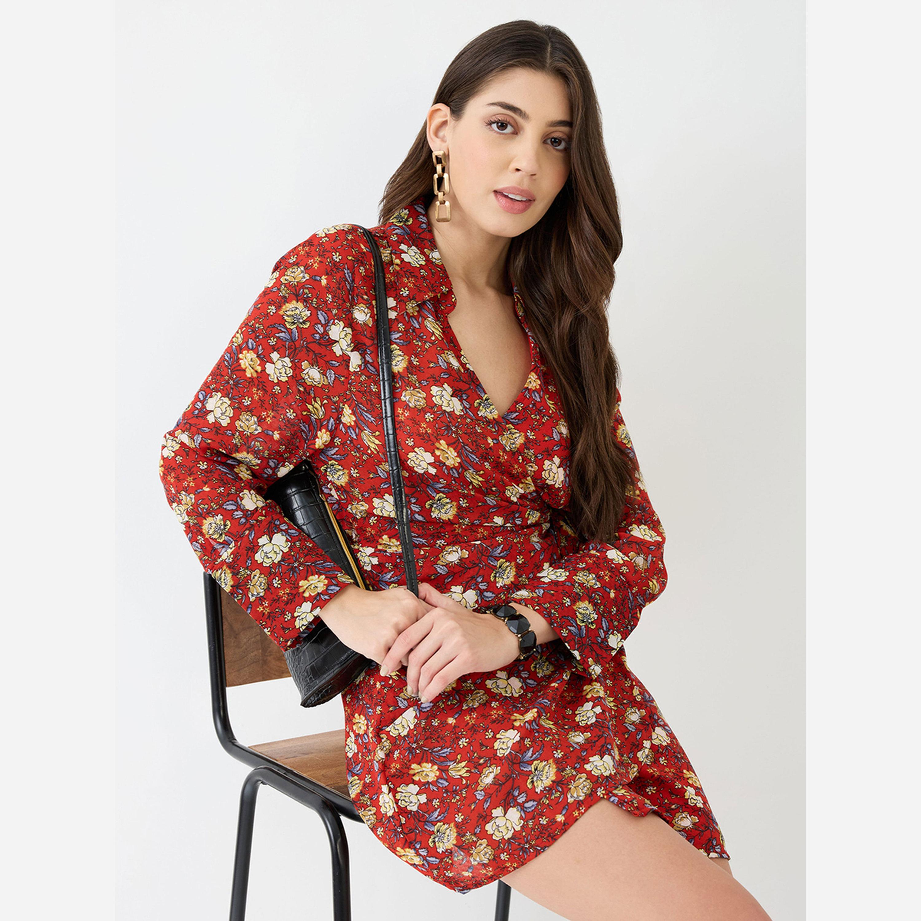 Globus X Styli Red Floral Print Wrap Mini Dress-women-clothing-dresses-image-5