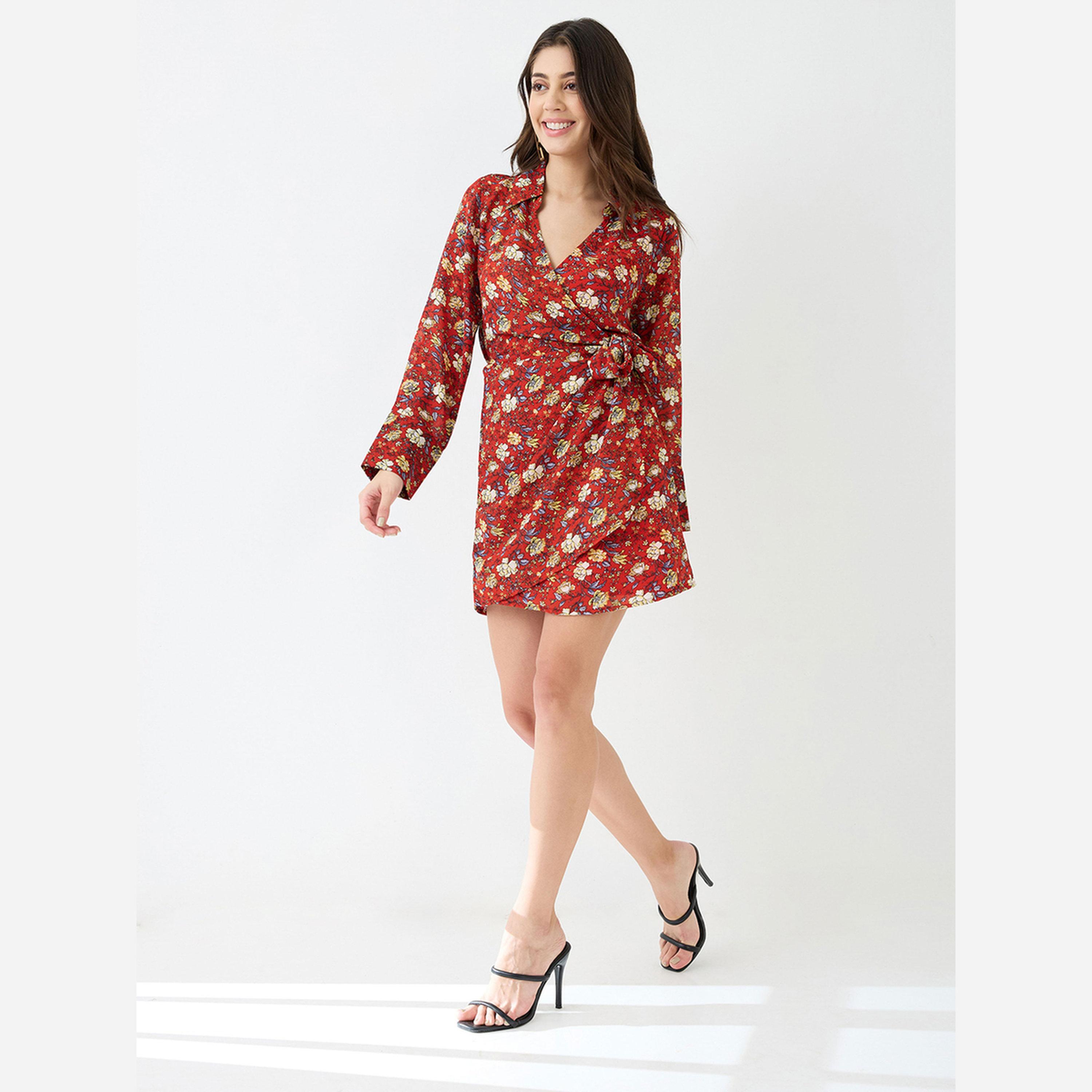 Globus X Styli Red Floral Print Wrap Mini Dress-women-clothing-dresses-image-6