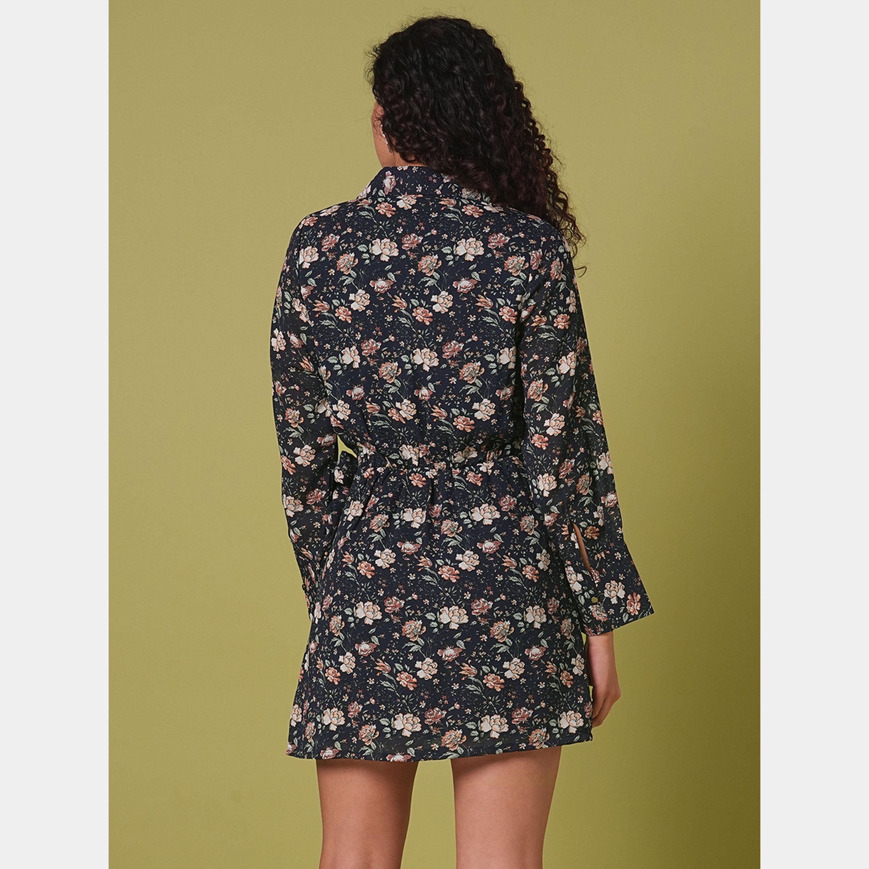 غلوبوص × ستايلي - فستان نسائي قصير بأكمام طويلة وطبعة زهور بحرية-women-clothing-dresses-image-3