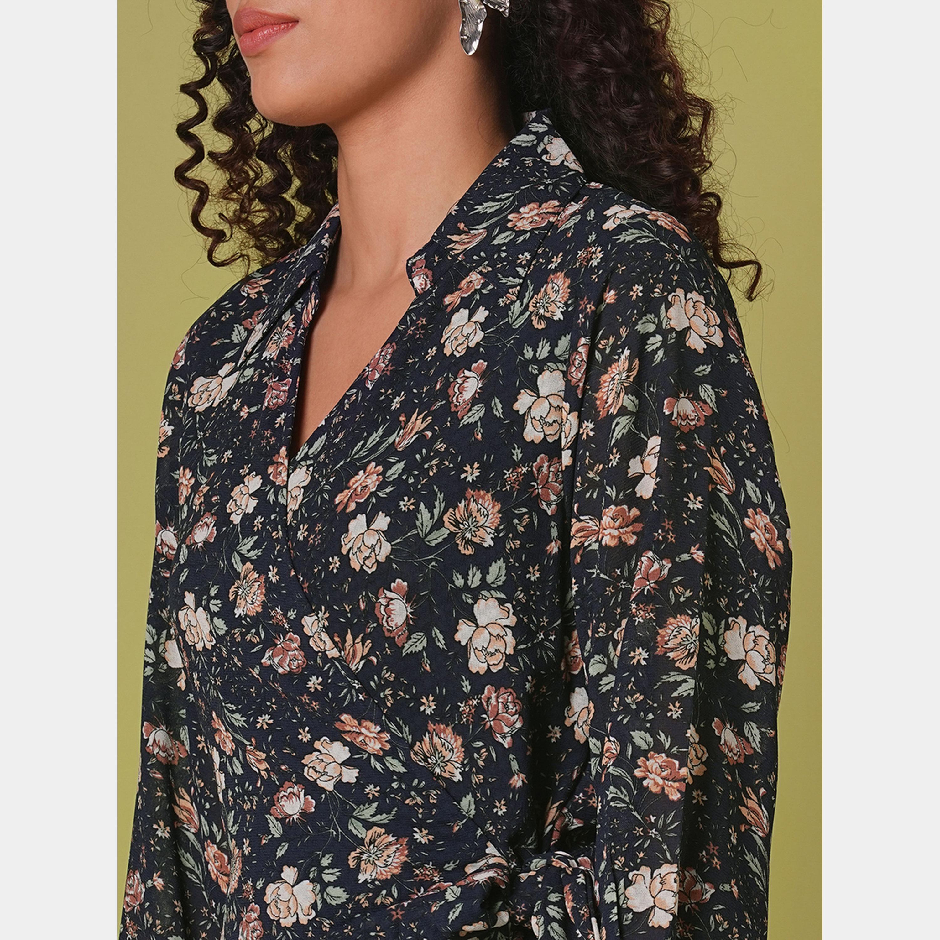 Globus X Styli Navy Floral Print Long Sleeves Women's Wrap Mini Dress-women-clothing-dresses-image-4
