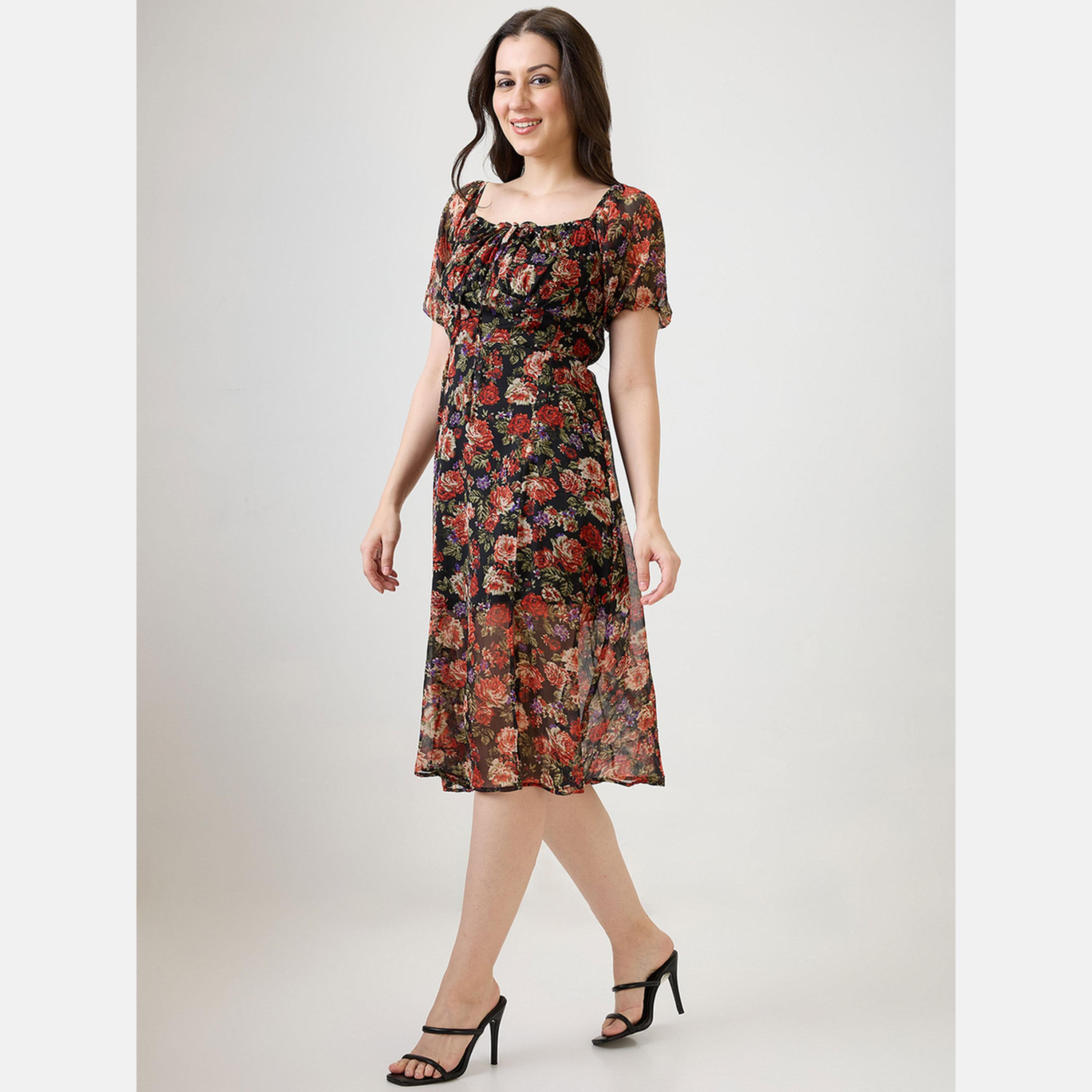 غلوبوص × ستايلي - فستان متوسط الطول بفتحة جانبية رقبة مربعة ومطبوع بالورود-women-clothing-dresses-image-2