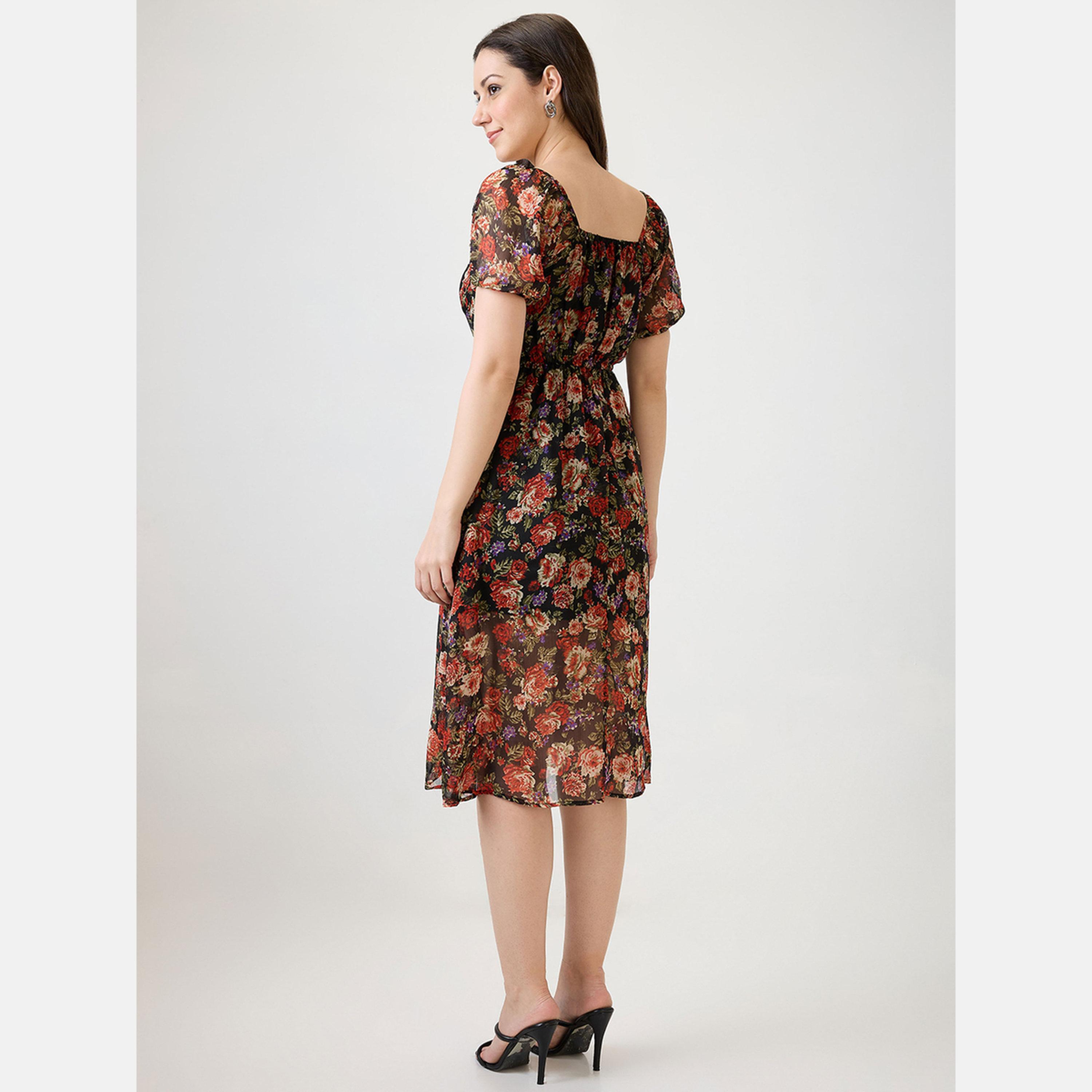 غلوبوص × ستايلي - فستان متوسط الطول بفتحة جانبية رقبة مربعة ومطبوع بالورود-women-clothing-dresses-image-3