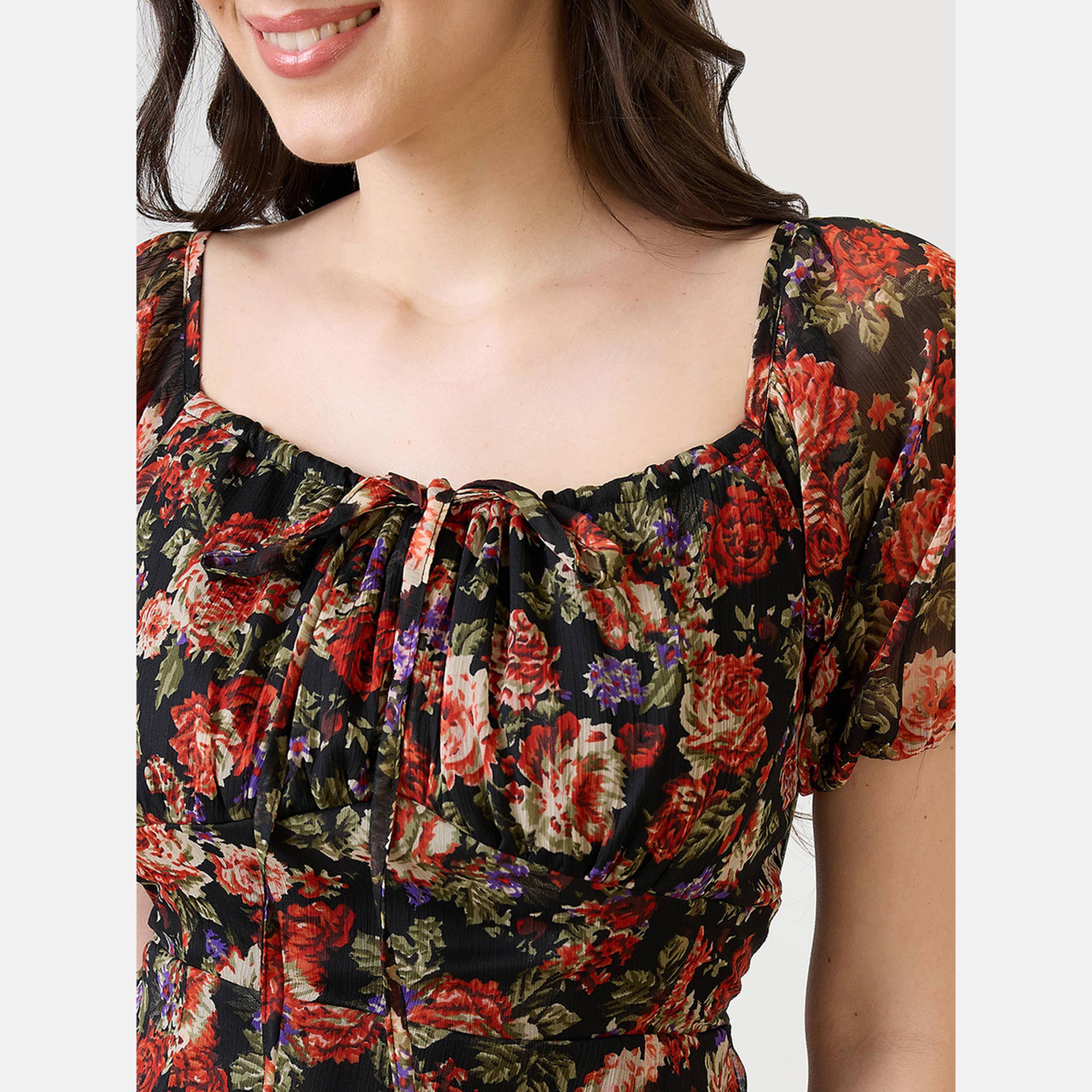 غلوبوص × ستايلي - فستان متوسط الطول بفتحة جانبية رقبة مربعة ومطبوع بالورود-women-clothing-dresses-image-4