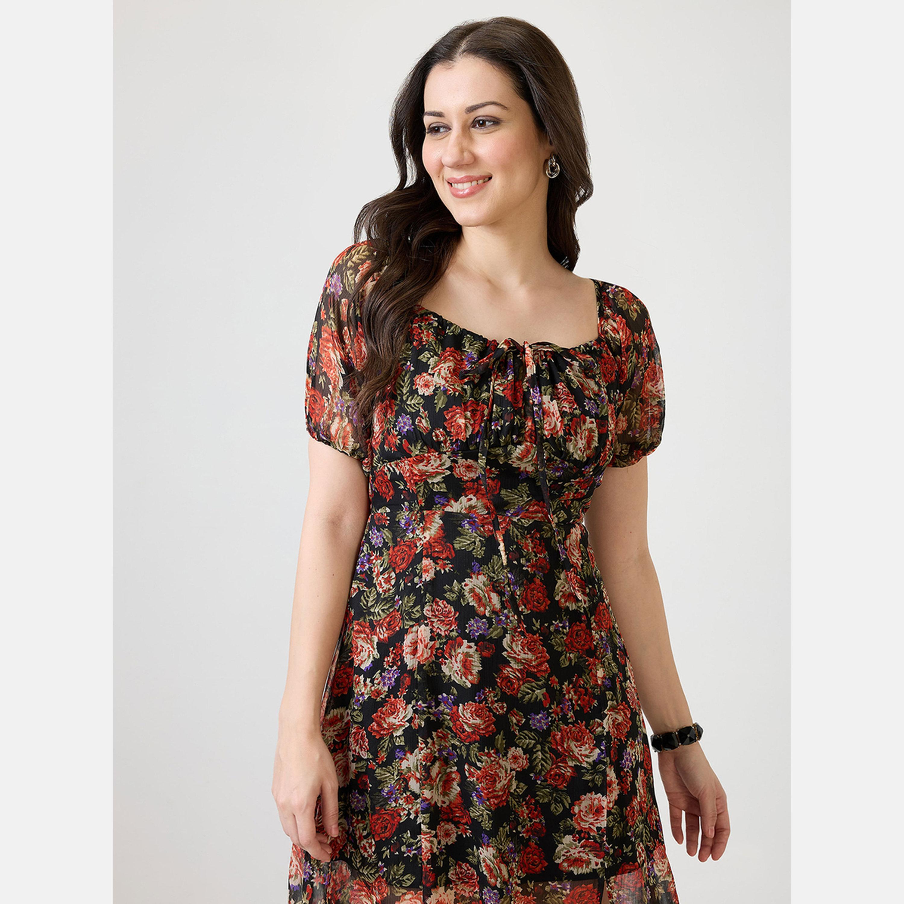 غلوبوص × ستايلي - فستان متوسط الطول بفتحة جانبية رقبة مربعة ومطبوع بالورود-women-clothing-dresses-image-5
