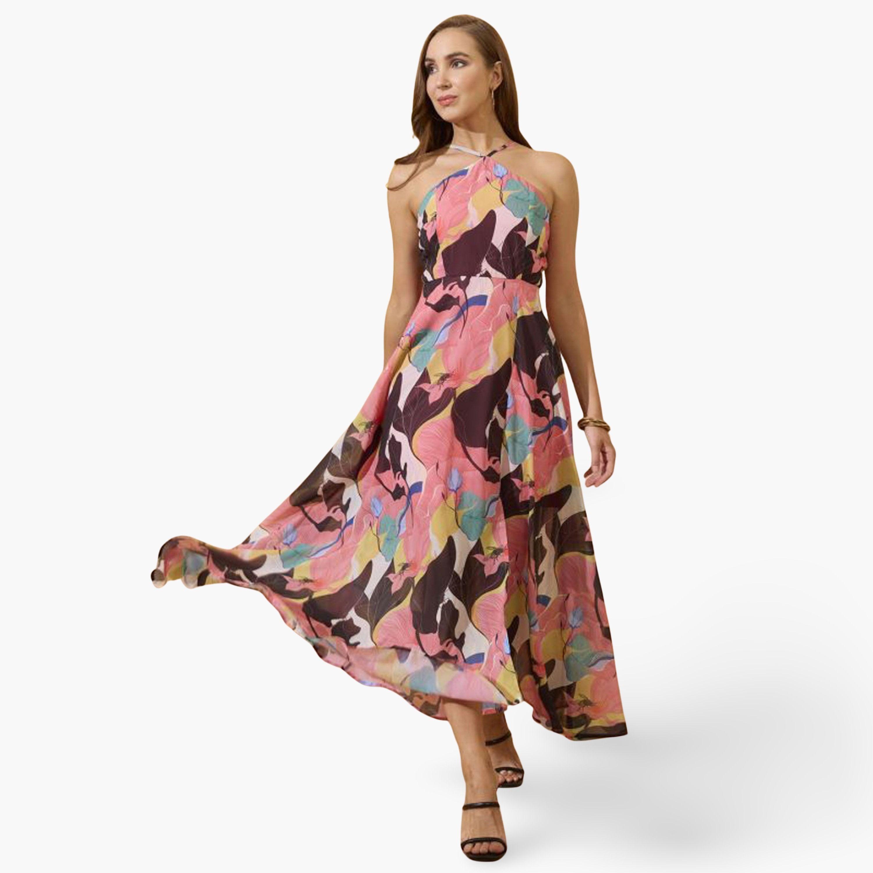 غلوبوص × ستايلي - فستان ماكسي نسائي بدون أكمام رقبة حرف A طباعة تجريدية-women-clothing-dresses-image-1