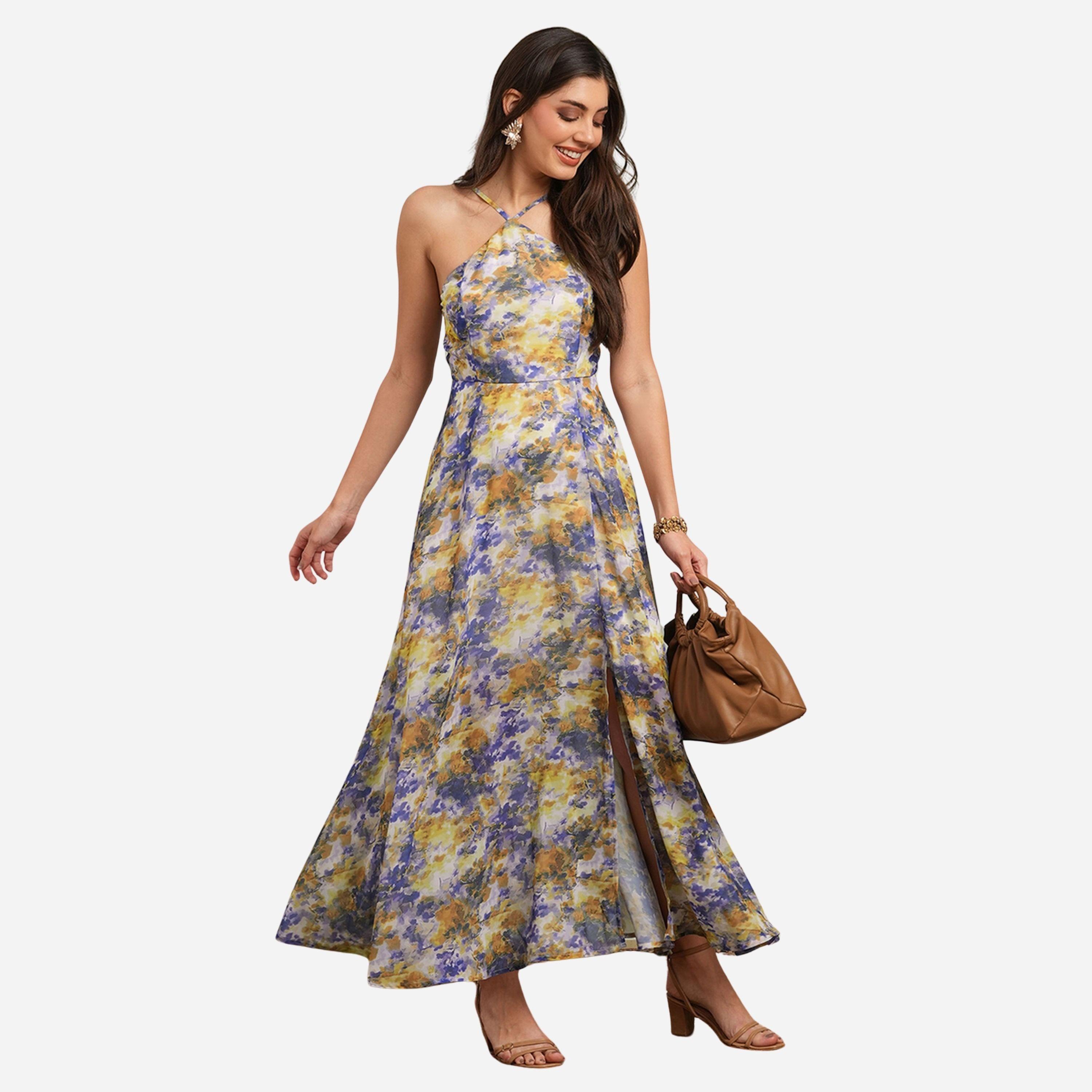 Globus X Styli Yellow Abstract Print Halter Neck Maxi Dress-women-clothing-dresses-image-1