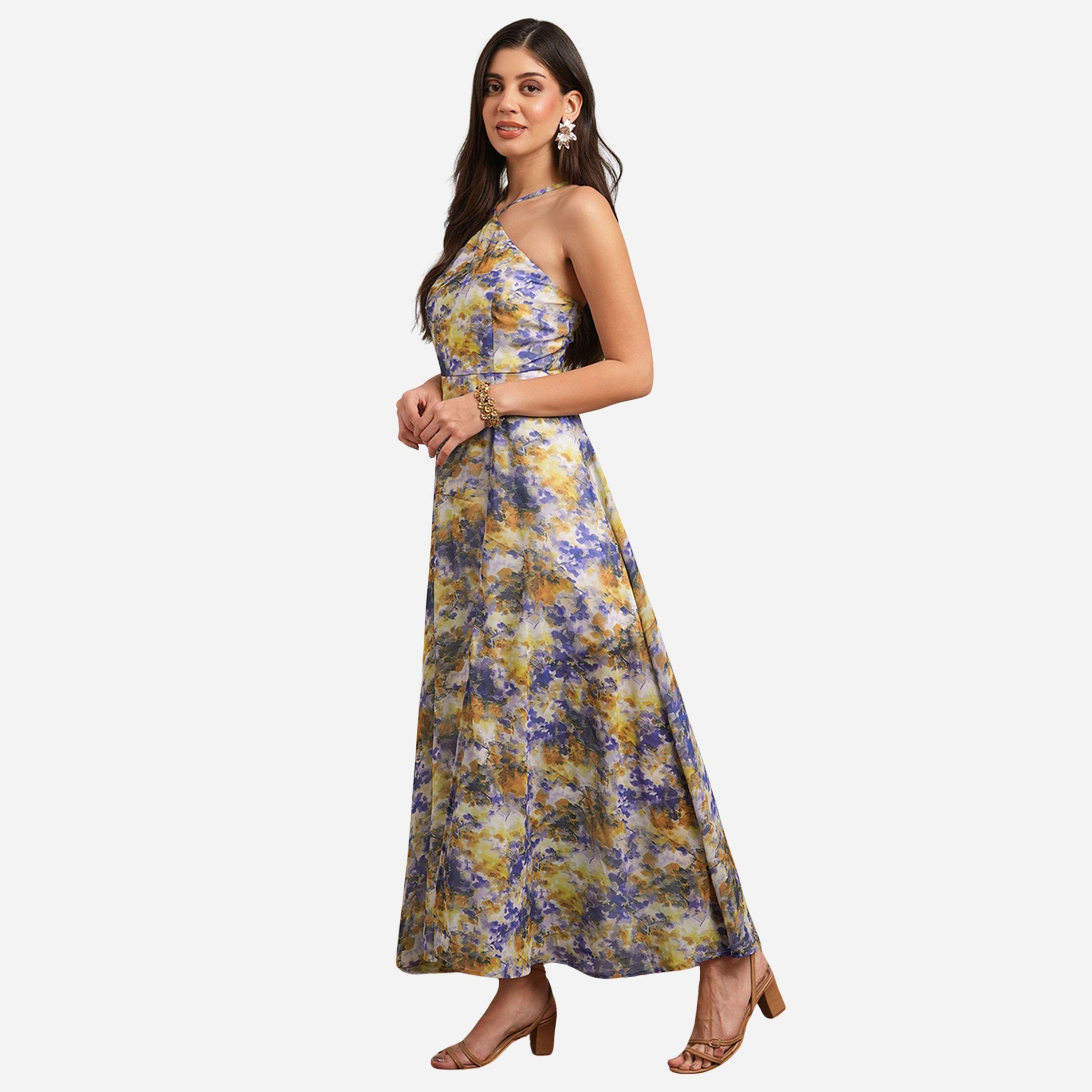 Globus X Styli Yellow Abstract Print Halter Neck Maxi Dress-women-clothing-dresses-image-2