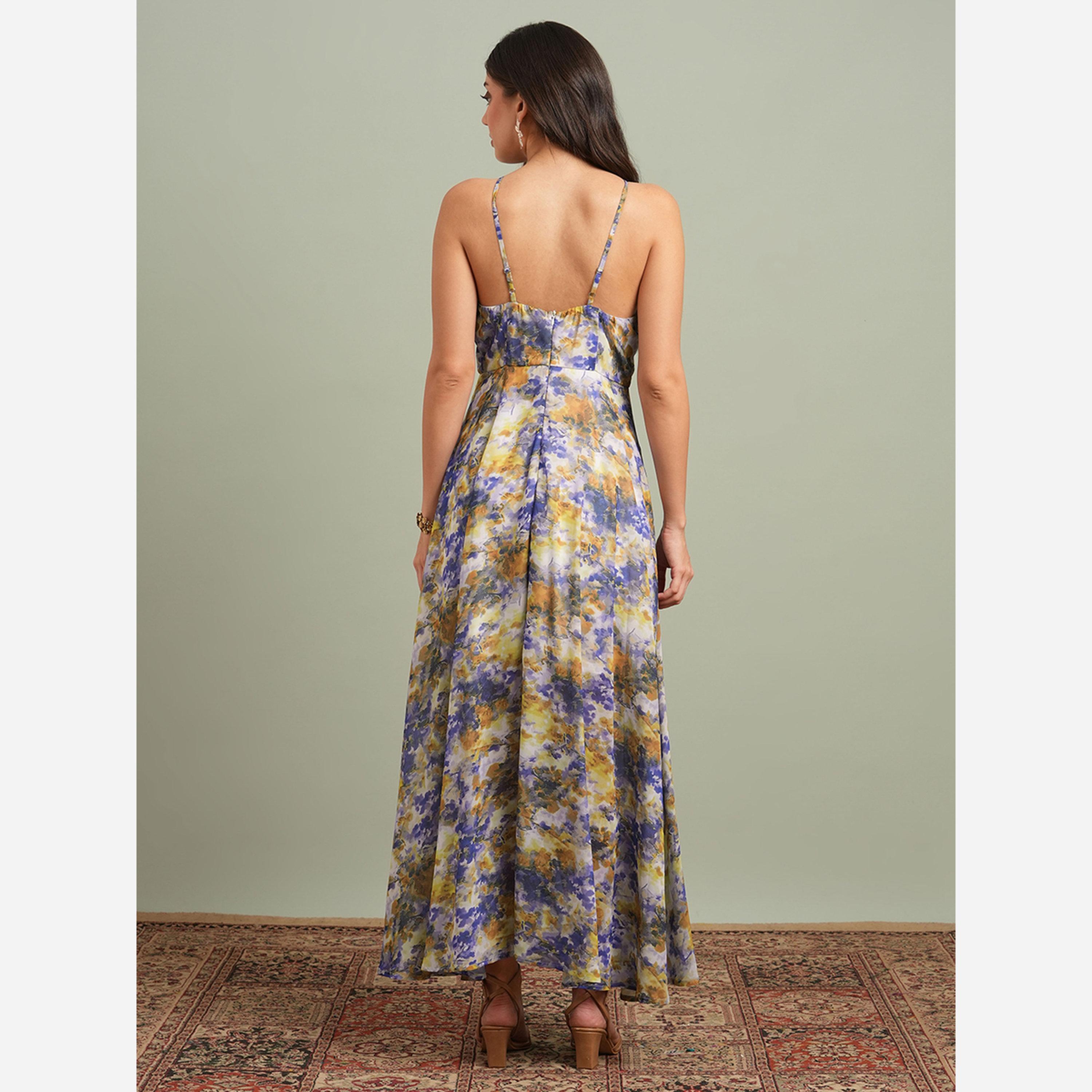 Globus X Styli Yellow Abstract Print Halter Neck Maxi Dress-women-clothing-dresses-image-3