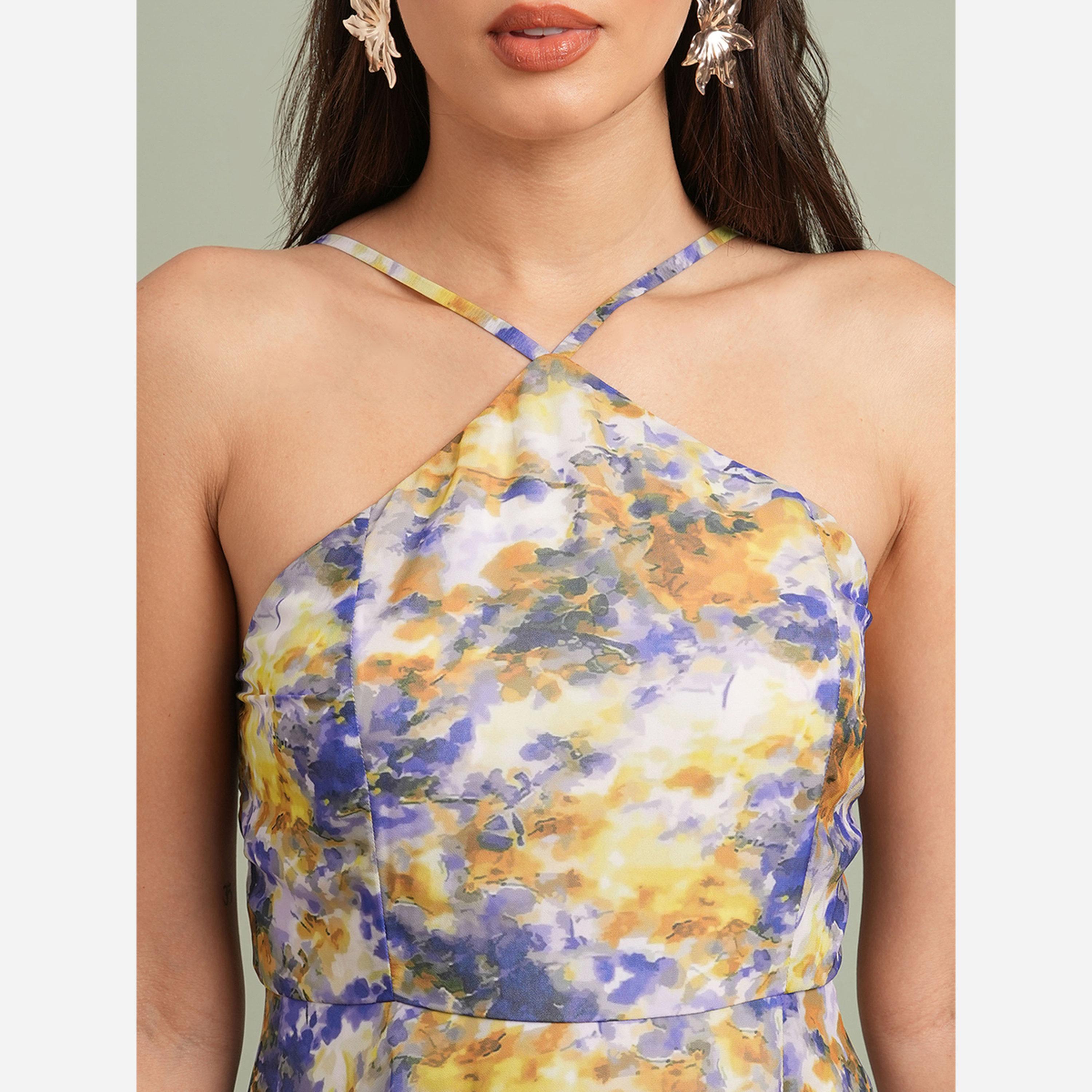 Globus X Styli Yellow Abstract Print Halter Neck Maxi Dress-women-clothing-dresses-image-4